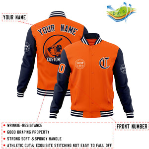 Custom Orange Navy Raglan Sleeves Full-Snap Varsity Personalized Letterman Baseball Coats Jacket