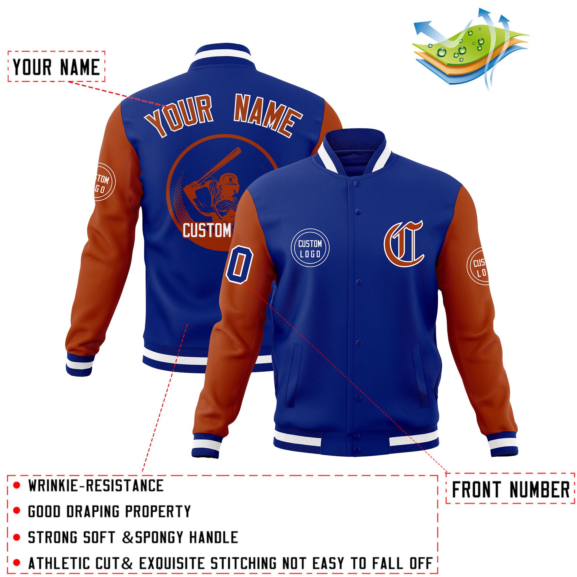 Custom Royal Texas Orange Raglan Sleeves Full-Snap Varsity Personalized Letterman Baseball Coats Jacket