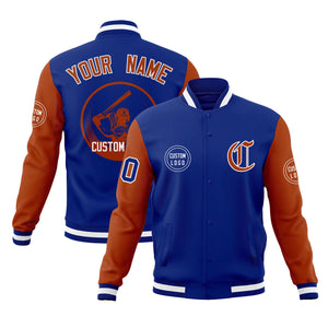 Custom Royal Texas Orange Raglan Sleeves Full-Snap Varsity Personalized Letterman Baseball Coats Jacket