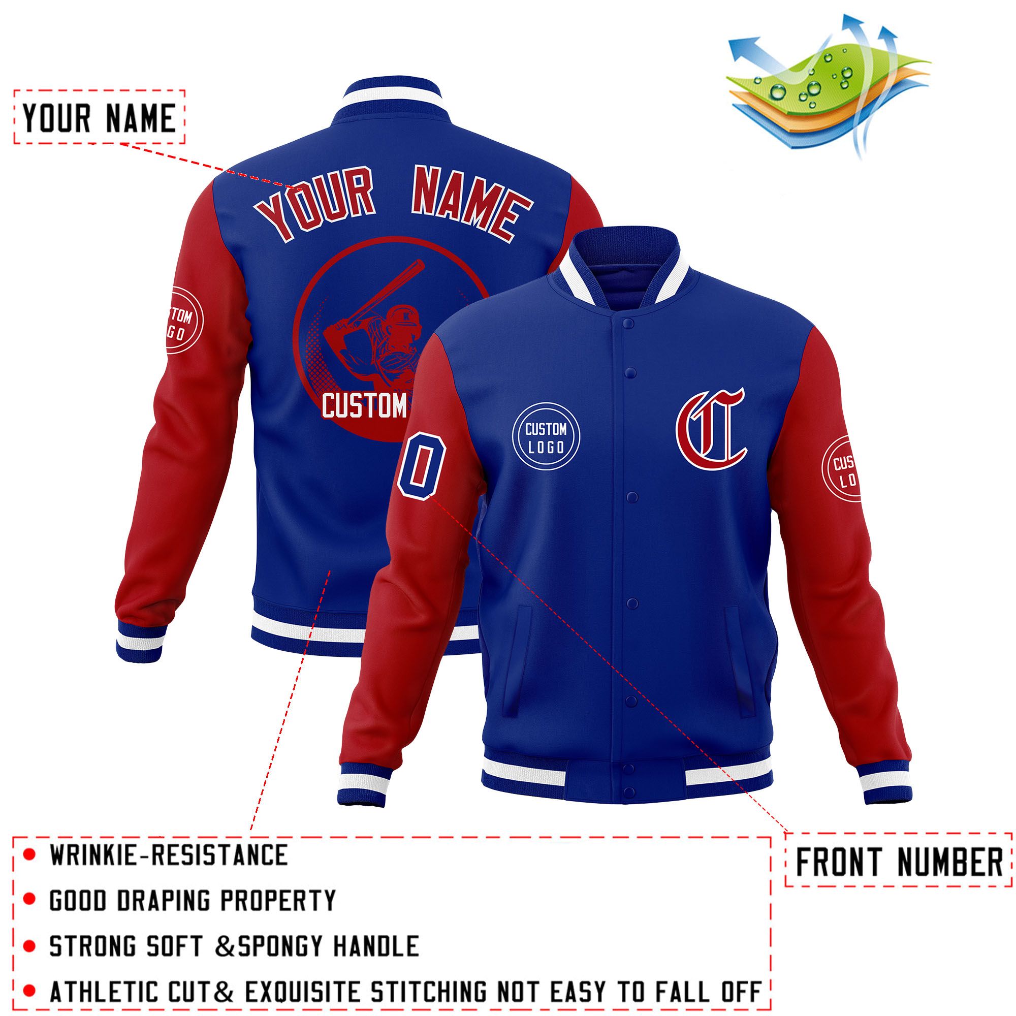 Custom Royal Red Raglan Sleeves Full-Snap Varsity Personalized Letterman Baseball Coats Jacket