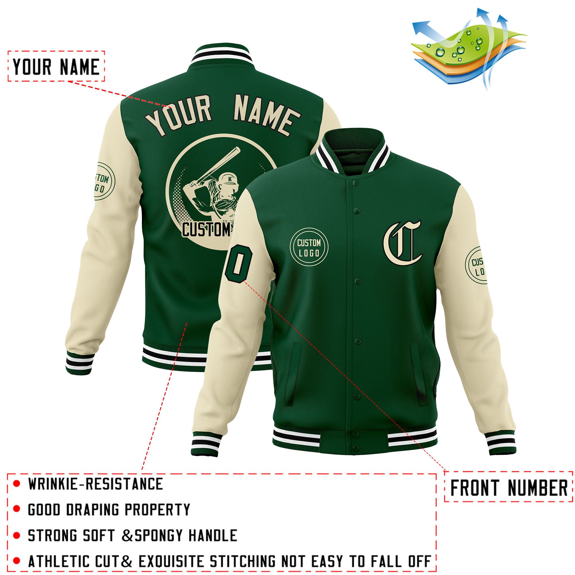 Custom Green Cream Raglan Sleeves Full-Snap Varsity Personalized Letterman Baseball Coats Jacket