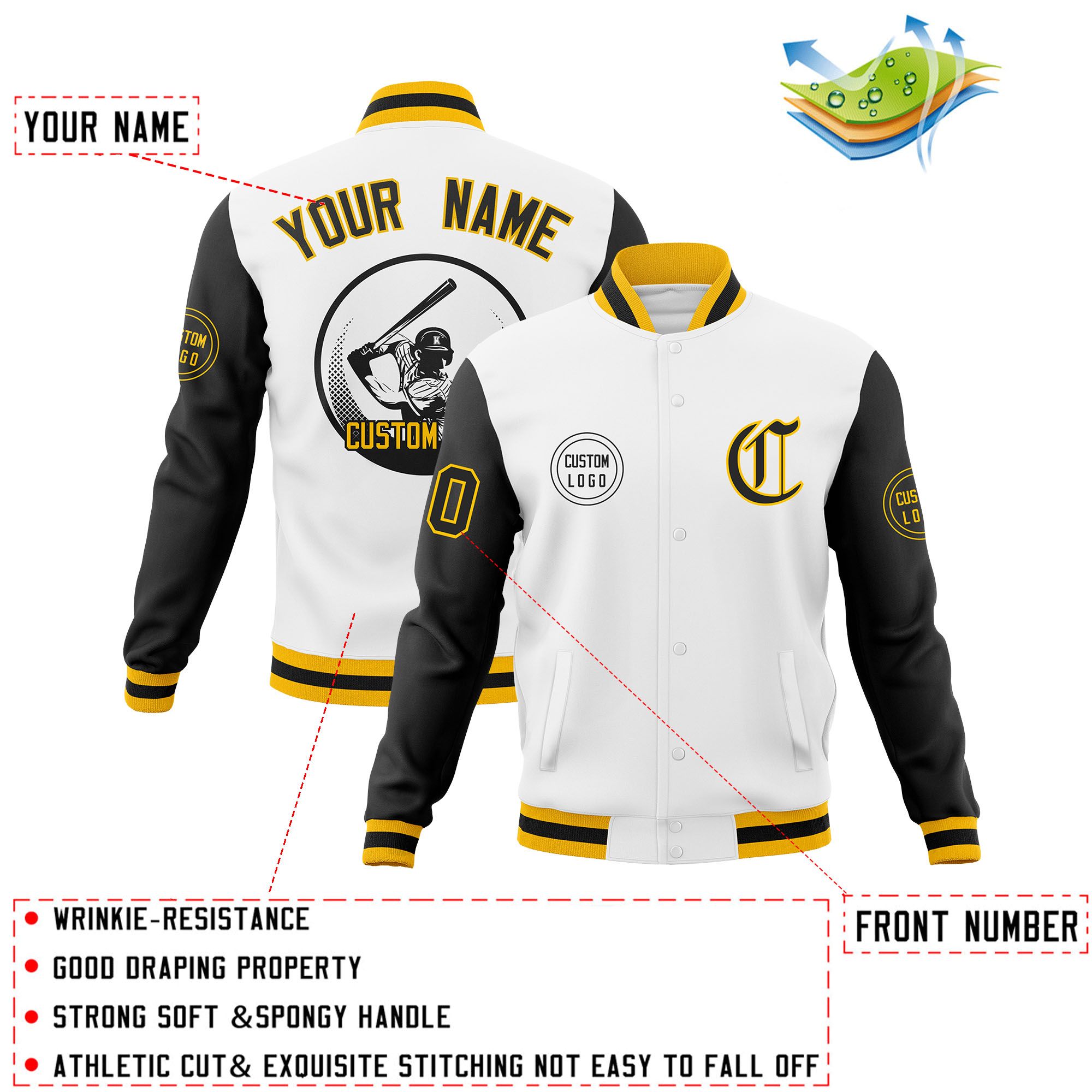 Custom White Black Raglan Sleeves Full-Snap Varsity Personalized Letterman Baseball Coats Jacket