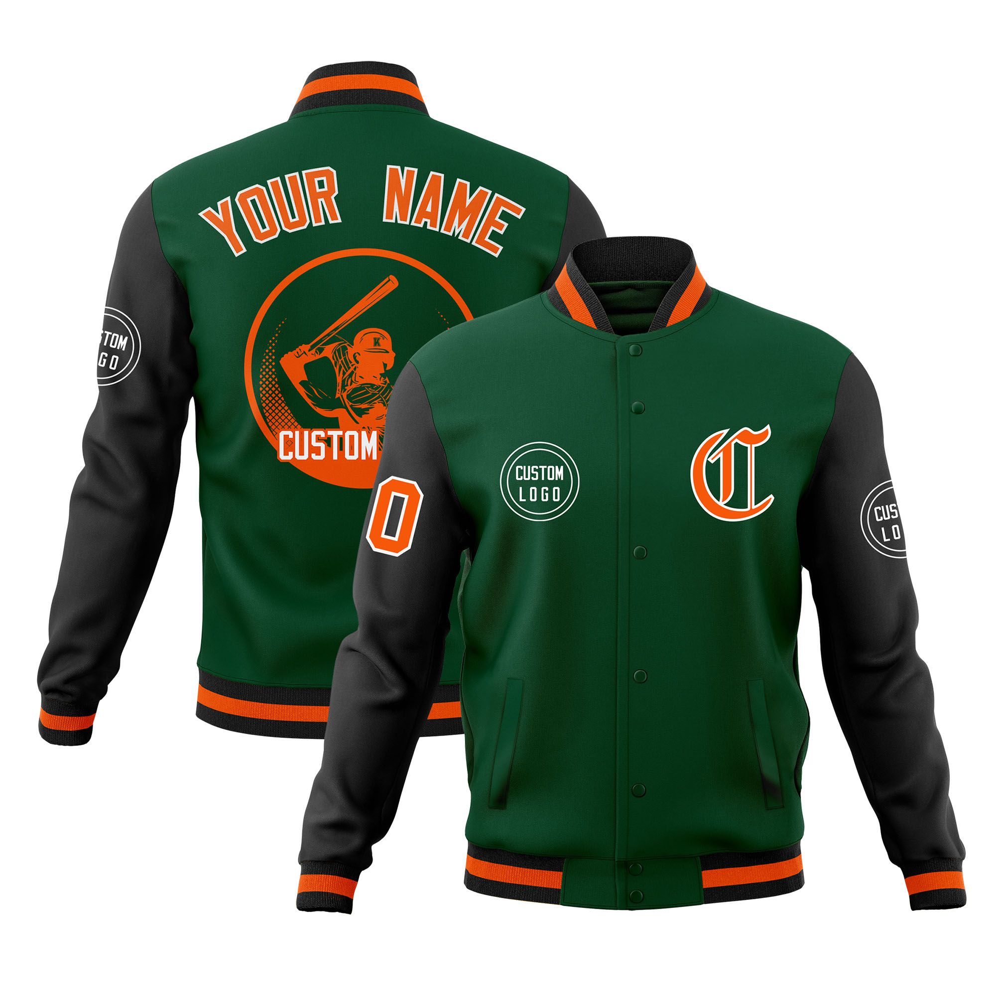 Custom Green Black Raglan Sleeves Full-Snap Varsity Personalized Letterman Baseball Coats Jacket