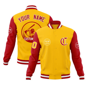 Custom Gold Red Raglan Sleeves Full-Snap Varsity Personalized Letterman Baseball Coats Jacket