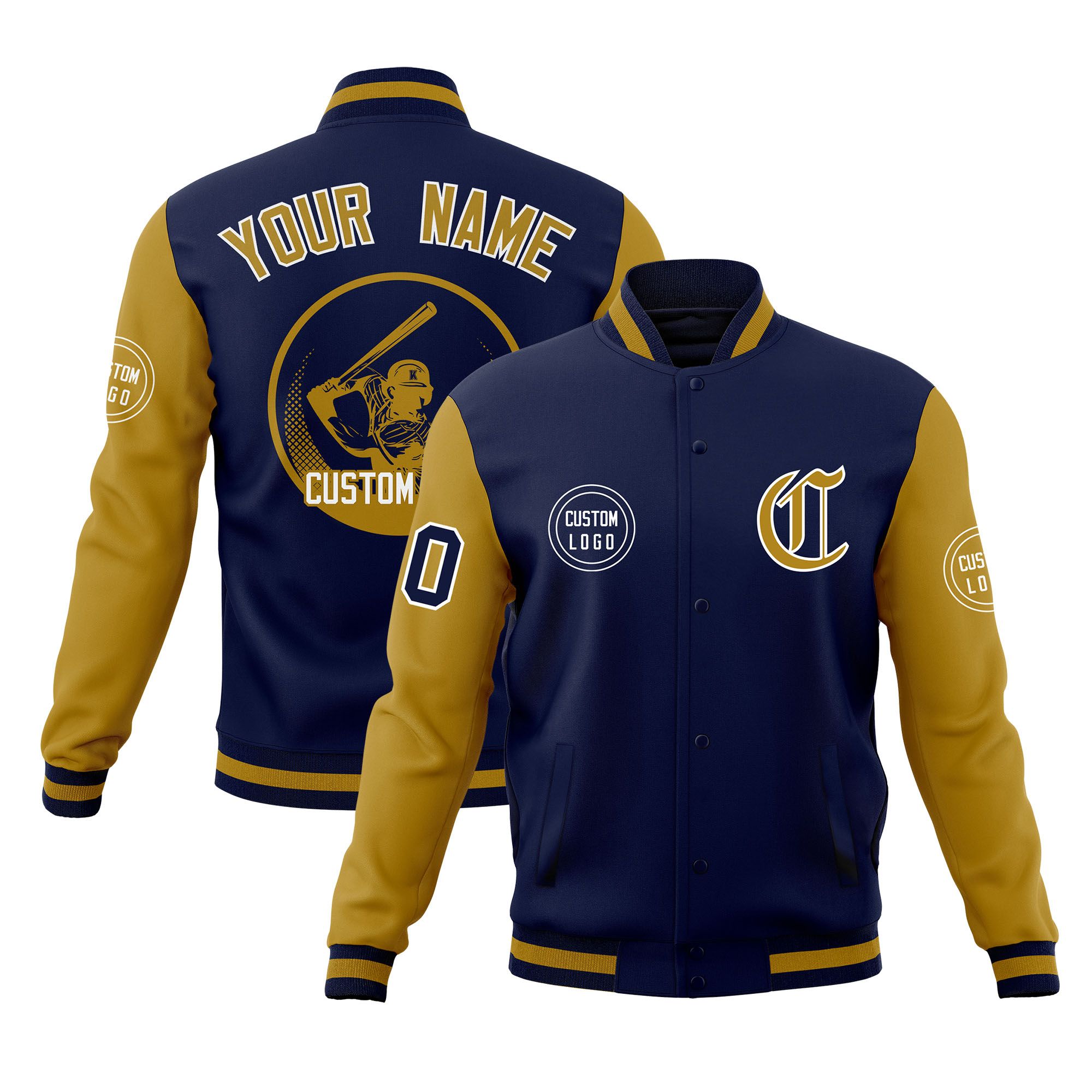 Custom Navy Old Gold Raglan Sleeves Full-Snap Varsity Personalized Letterman Baseball Coats Jacket