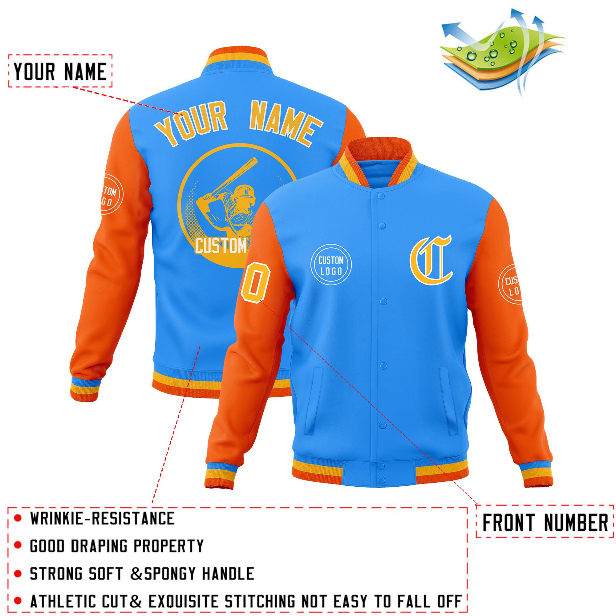 Custom Powder Blue Orange Raglan Sleeves Full-Snap Varsity Personalized Letterman Baseball Coats Jacket