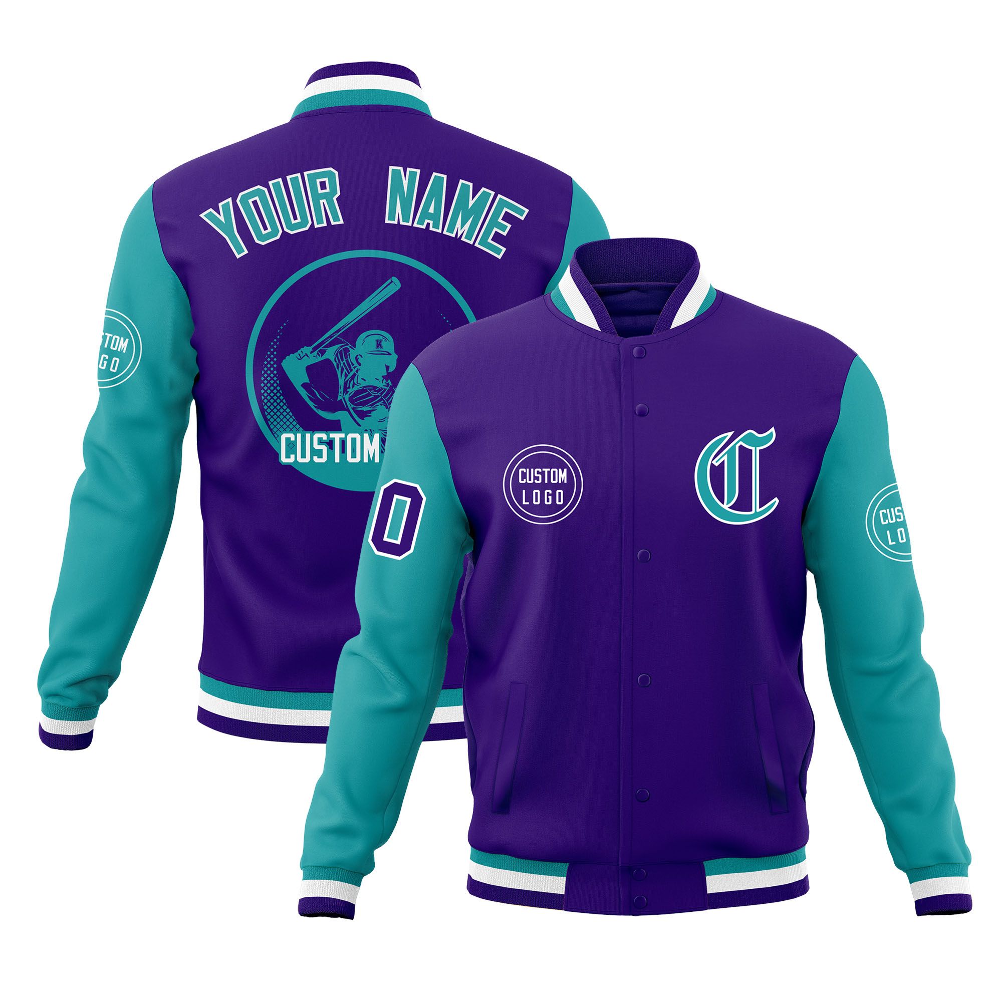 Custom Purple Aqua Raglan Sleeves Full-Snap Varsity Personalized Letterman Baseball Coats Jacket