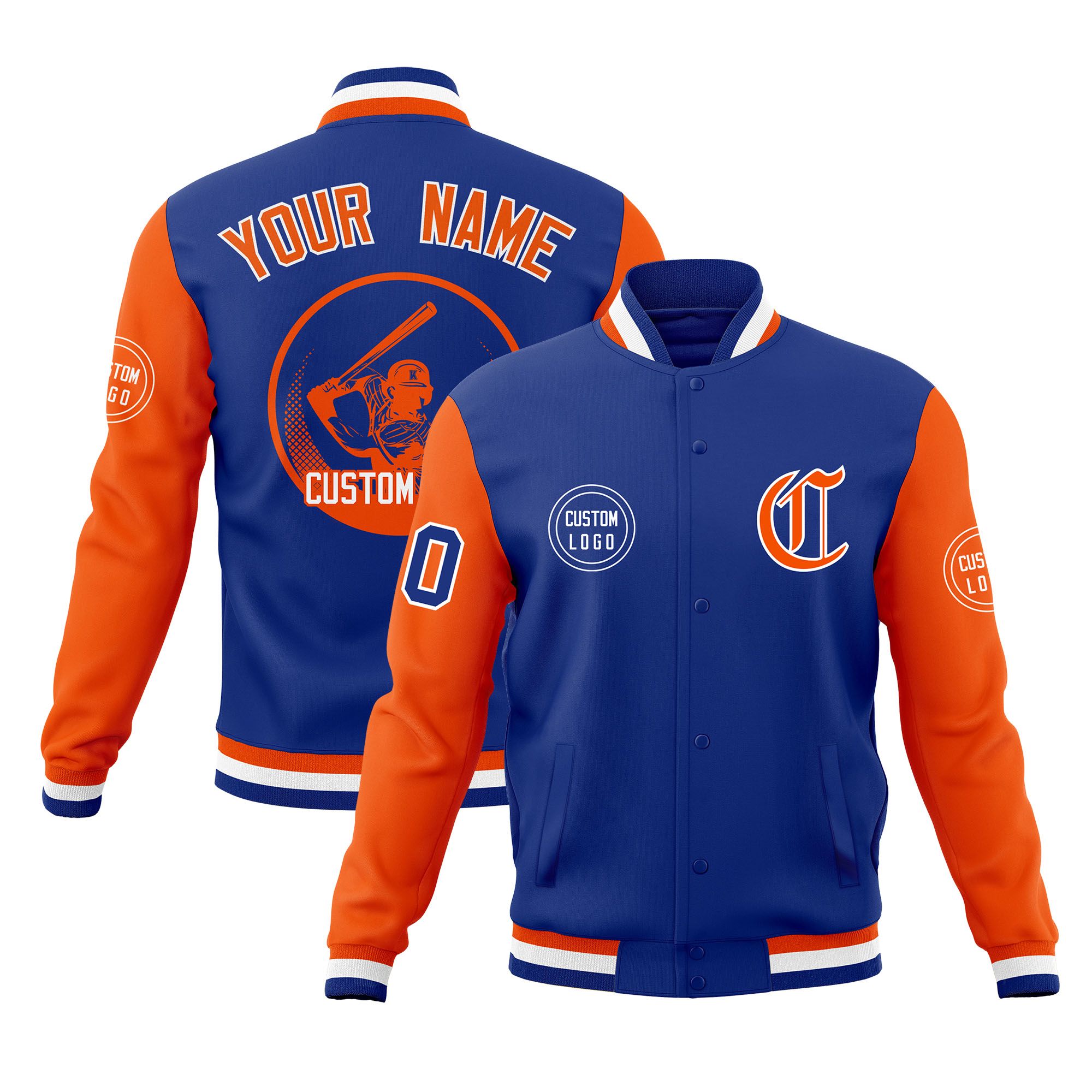 Custom Royal Orange Raglan Sleeves Full-Snap Varsity Personalized Letterman Baseball Coats Jacket