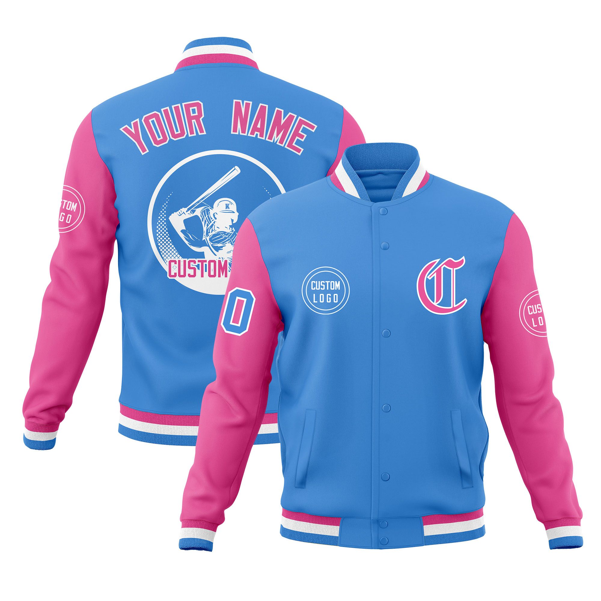 Custom Powder Blue Pink Raglan Sleeves Full-Snap Varsity Personalized Letterman Baseball Coats Jacket