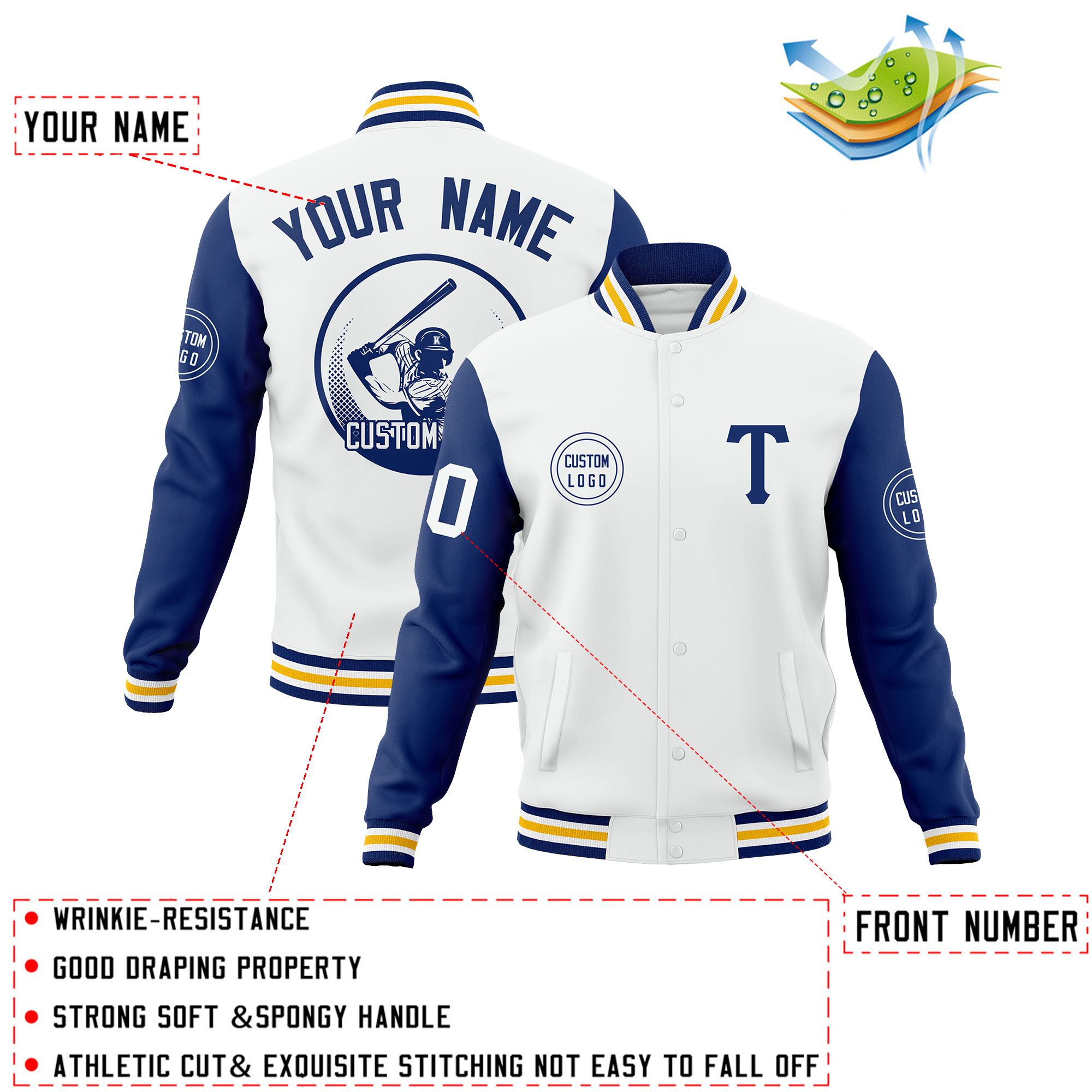 Custom White Royal Raglan Sleeves Full-Snap Varsity Personalized Letterman Baseball Coats Jacket