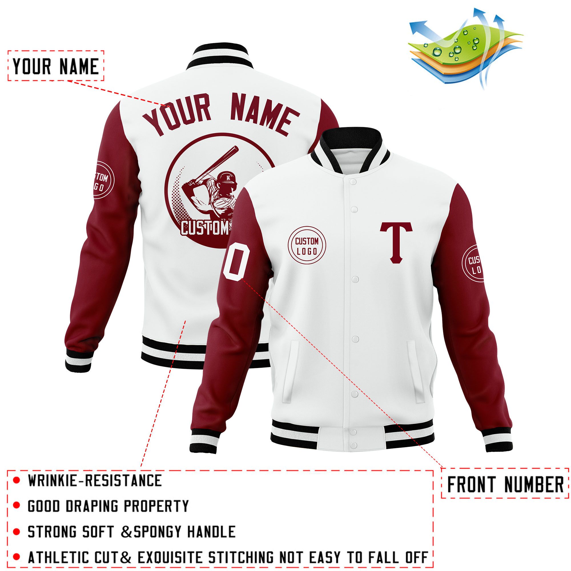 Custom White Crimson Raglan Sleeves Full-Snap Varsity Personalized Letterman Baseball Coats Jacket