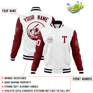 Custom White Crimson Raglan Sleeves Full-Snap Varsity Personalized Letterman Baseball Coats Jacket