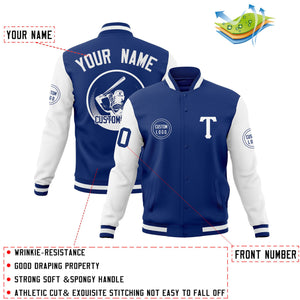 Custom Royal White Raglan Sleeves Full-Snap Varsity Personalized Letterman Baseball Coats Jacket