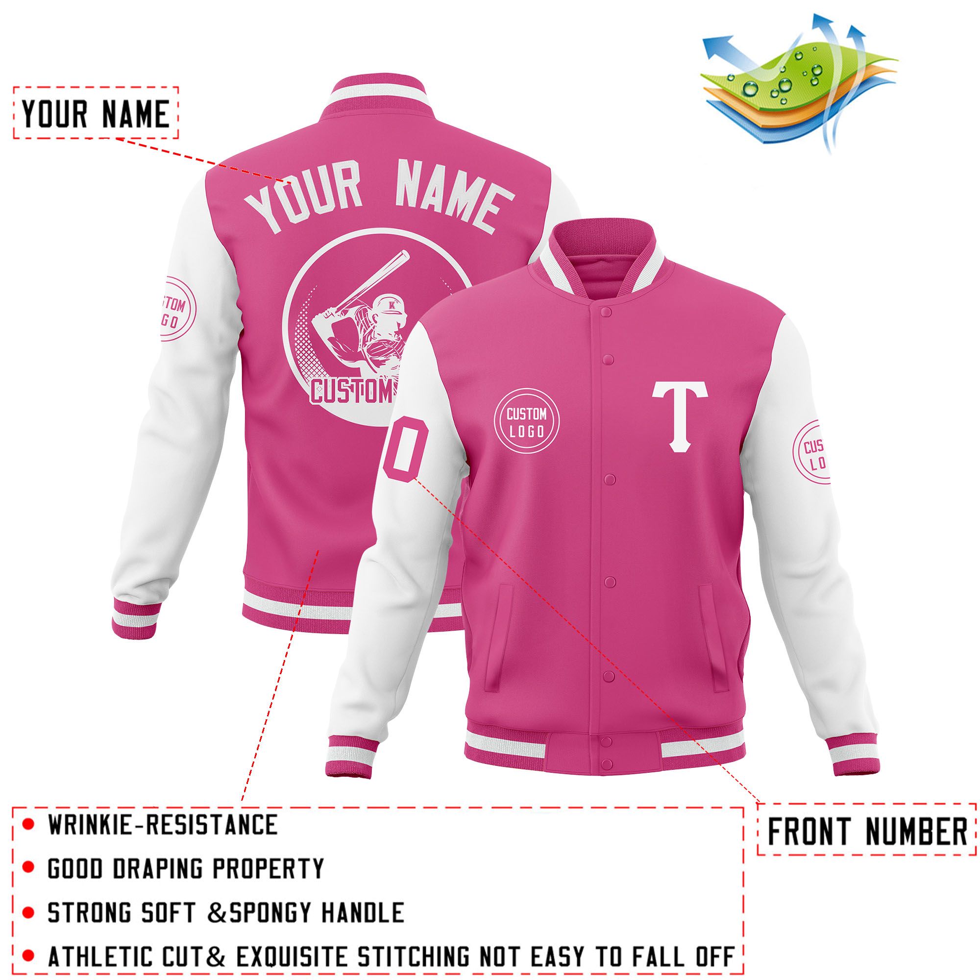 Custom Pink White Raglan Sleeves Full-Snap Varsity Personalized Letterman Baseball Coats Jacket