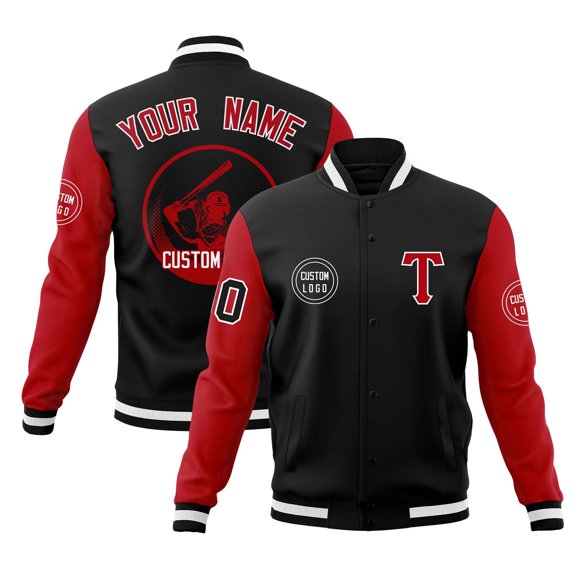 Custom Black Red Raglan Sleeves Full-Snap Varsity Personalized Letterman Baseball Coats Jacket