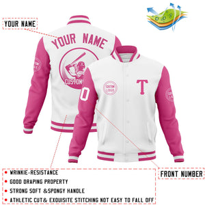 Custom White Pink Raglan Sleeves Full-Snap Varsity Personalized Letterman Baseball Coats Jacket