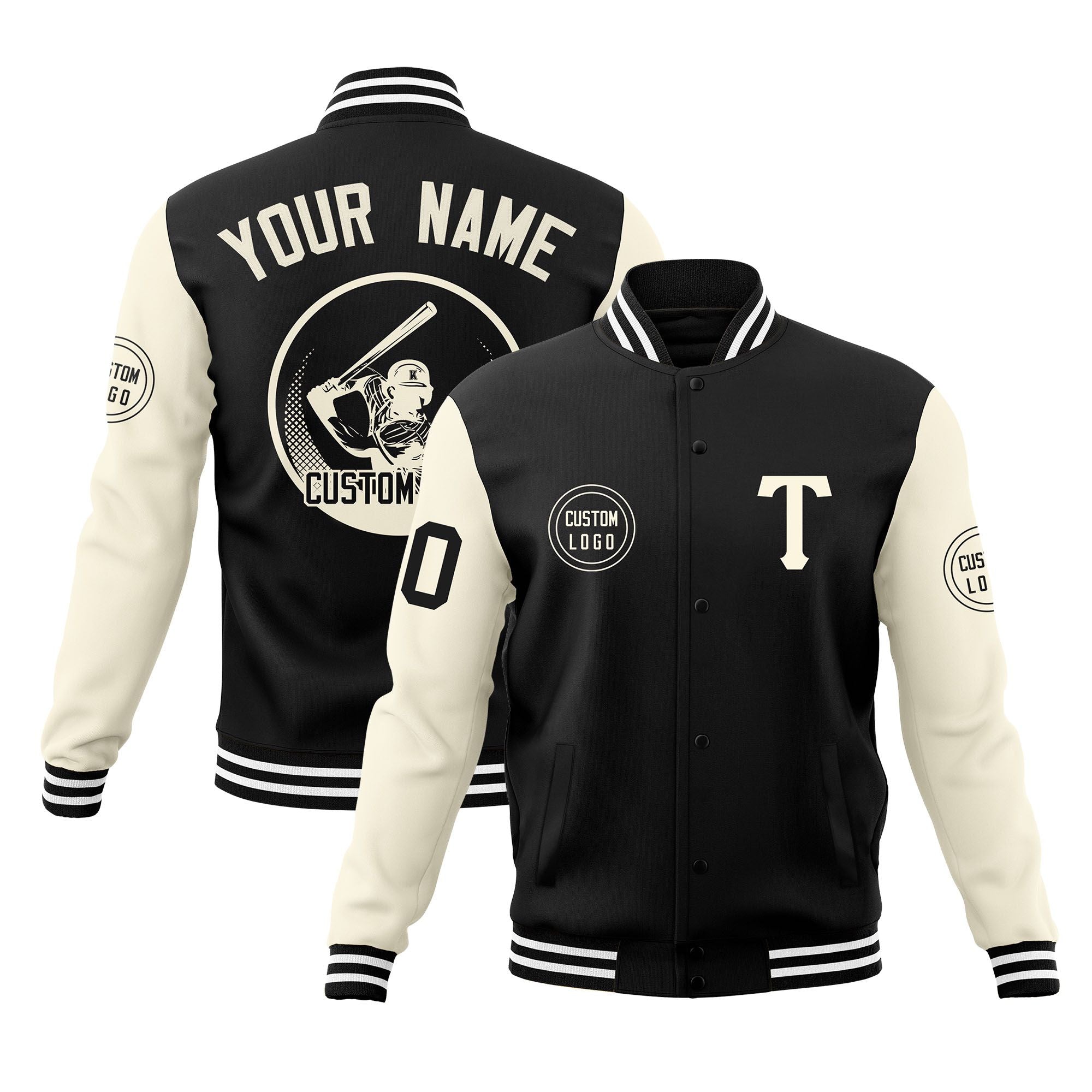 Custom Black Cream Raglan Sleeves Full-Snap Varsity Personalized Letterman Baseball Coats Jacket