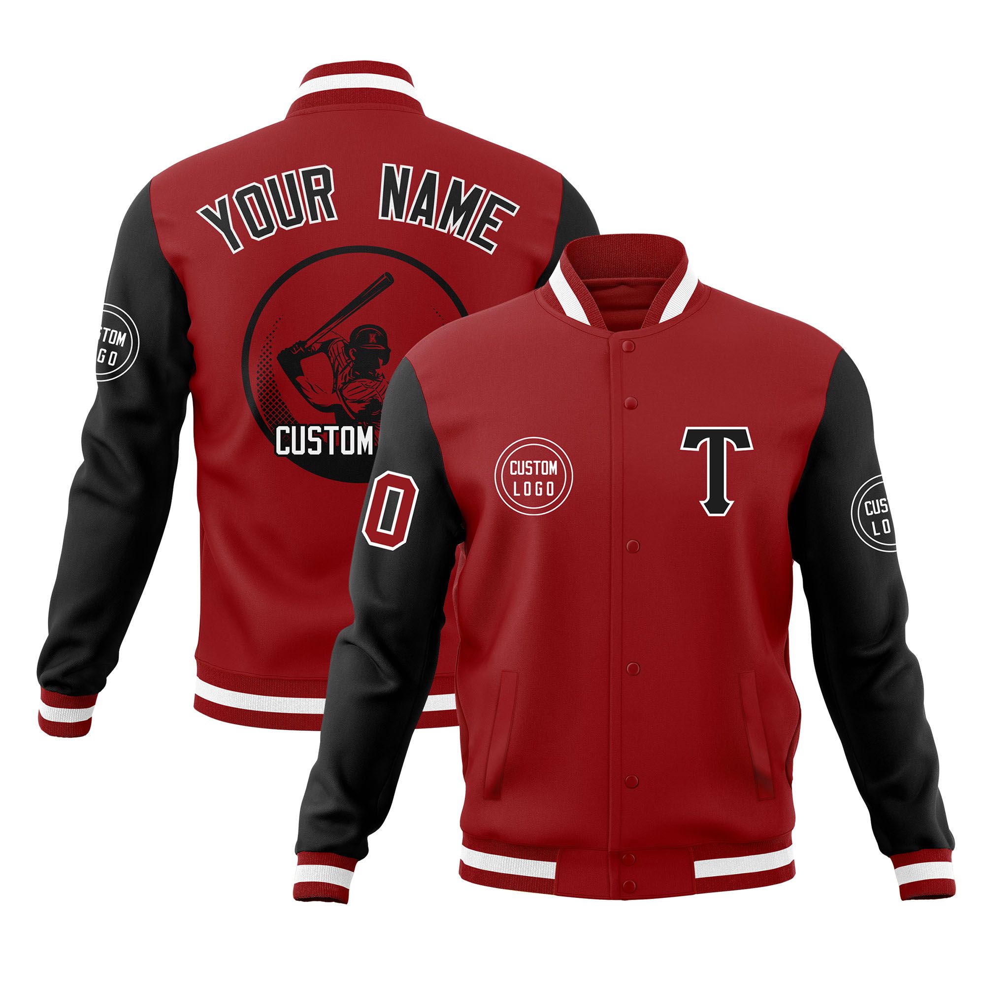 Custom Red Black Raglan Sleeves Full-Snap Varsity Personalized Letterman Baseball Coats Jacket