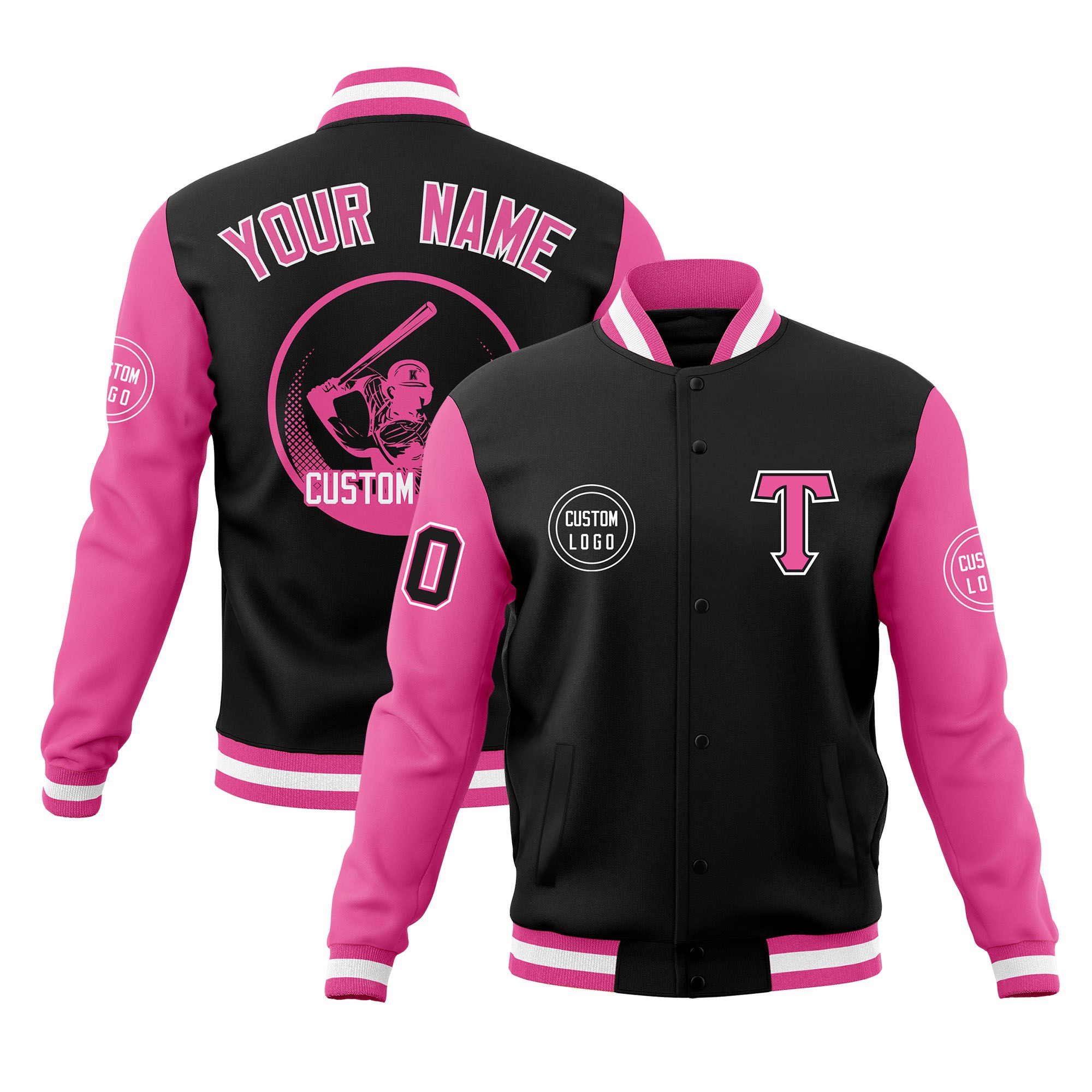 Custom Black Pink Raglan Sleeves Full-Snap Varsity Personalized Letterman Baseball Coats Jacket