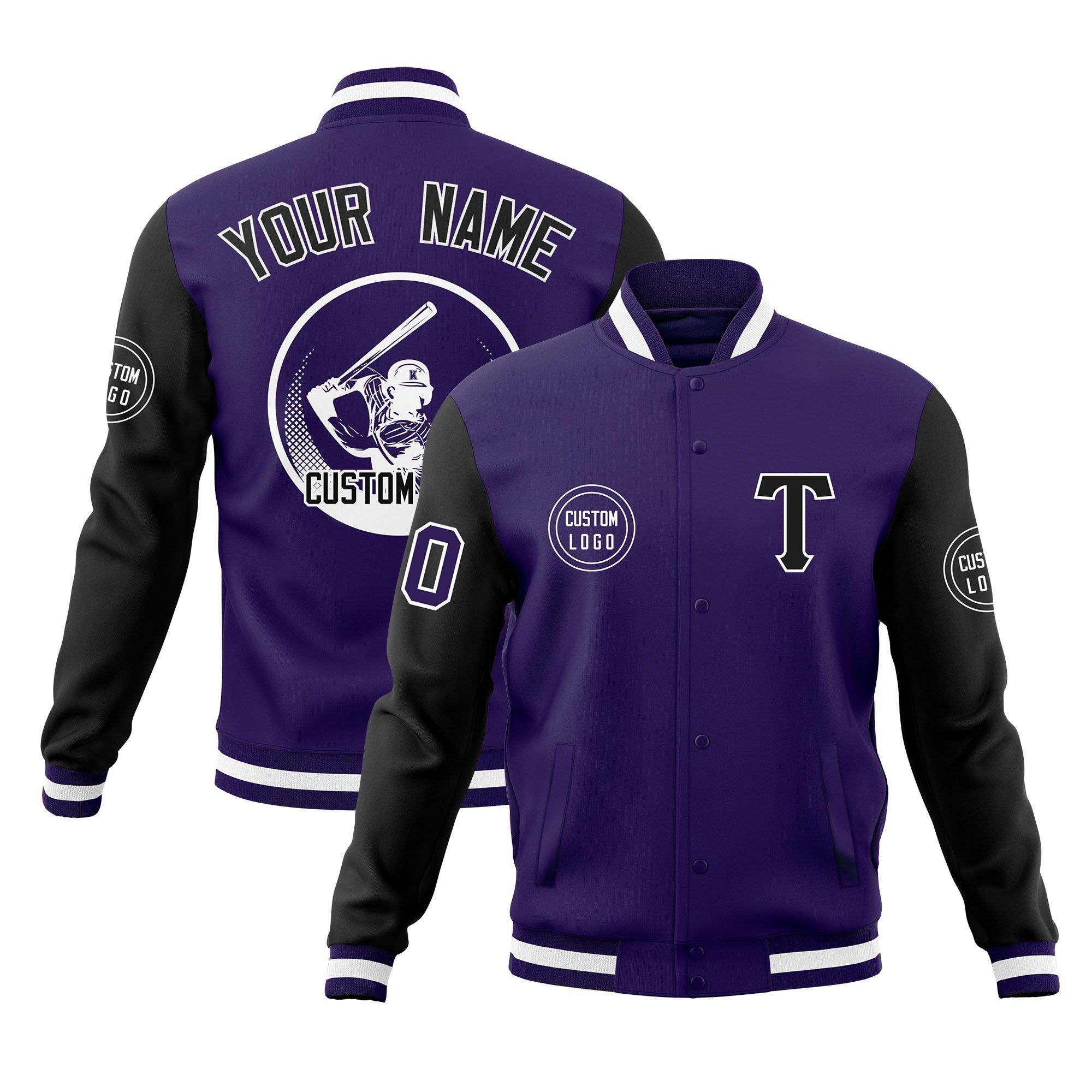 Custom Purple Black Raglan Sleeves Full-Snap Varsity Personalized Letterman Baseball Coats Jacket