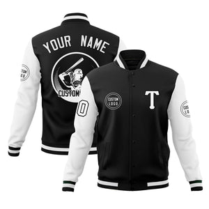 Custom Black White Raglan Sleeves Full-Snap Varsity Personalized Letterman Baseball Coats Jacket