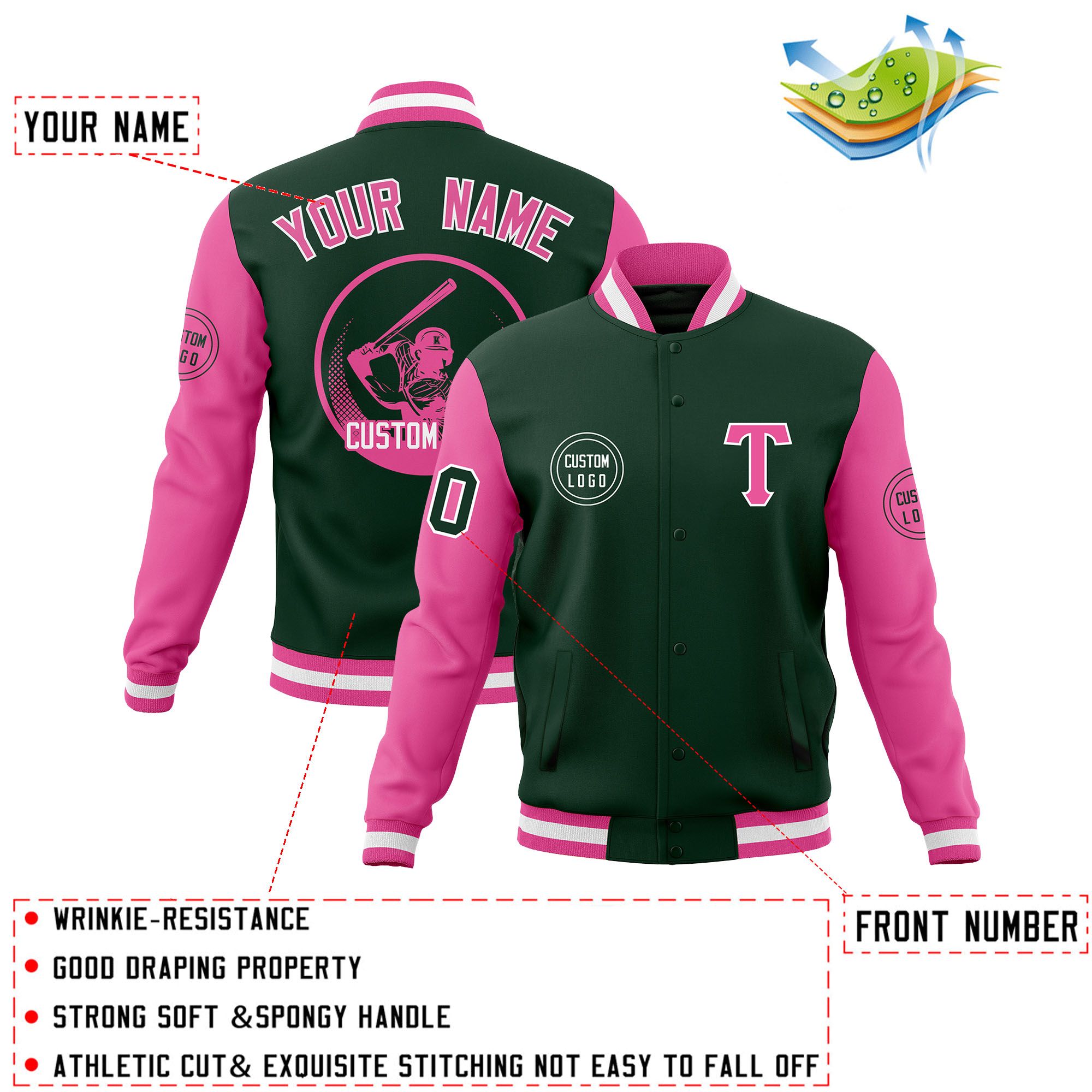 Custom Green Pink Raglan Sleeves Full-Snap Varsity Personalized Letterman Baseball Coats Jacket