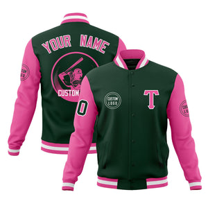 Custom Green Pink Raglan Sleeves Full-Snap Varsity Personalized Letterman Baseball Coats Jacket