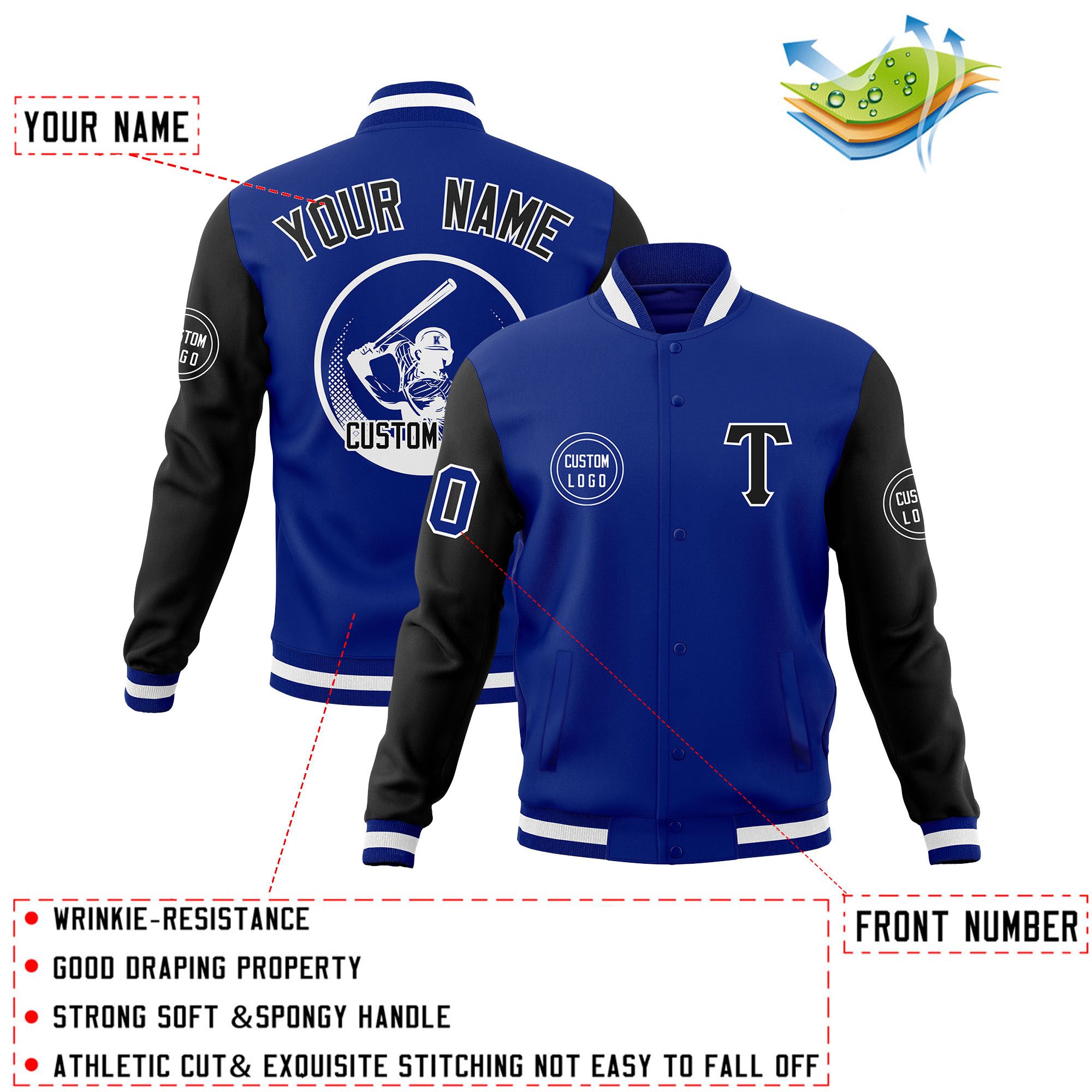 Custom Royal Black Raglan Sleeves Full-Snap Varsity Personalized Letterman Baseball Coats Jacket