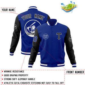 Custom Royal Black Raglan Sleeves Full-Snap Varsity Personalized Letterman Baseball Coats Jacket