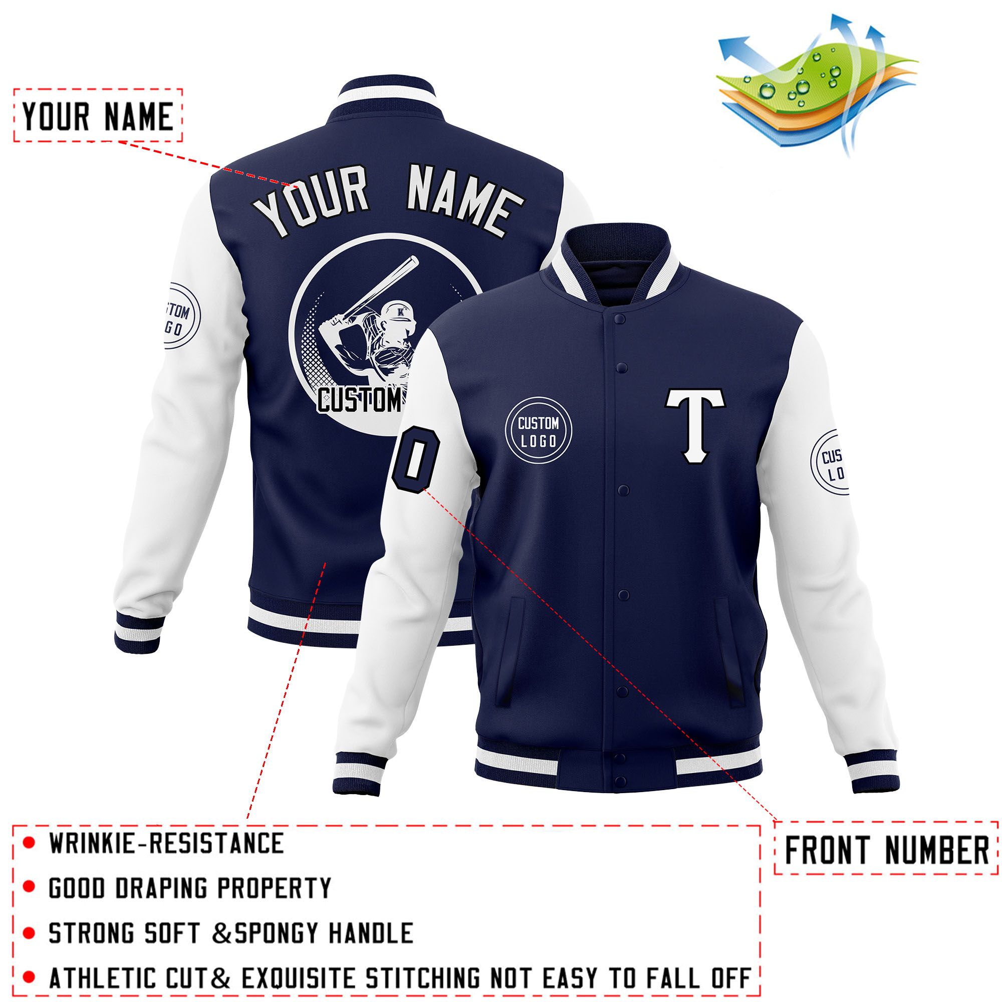 Custom Navy White Raglan Sleeves Full-Snap Varsity Personalized Letterman Baseball Coats Jacket