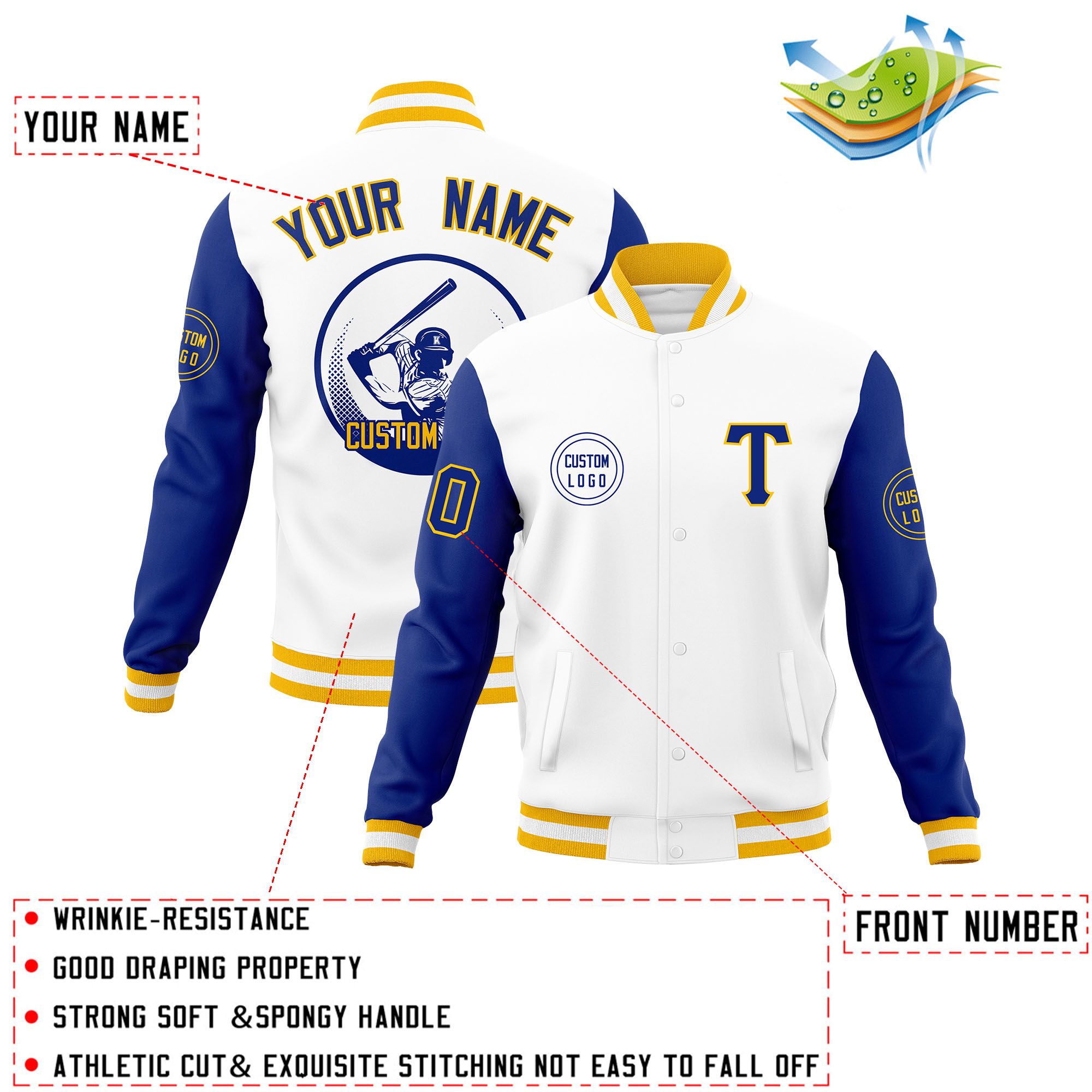 Custom White Royal Raglan Sleeves Full-Snap Varsity Personalized Letterman Baseball Coats Jacket