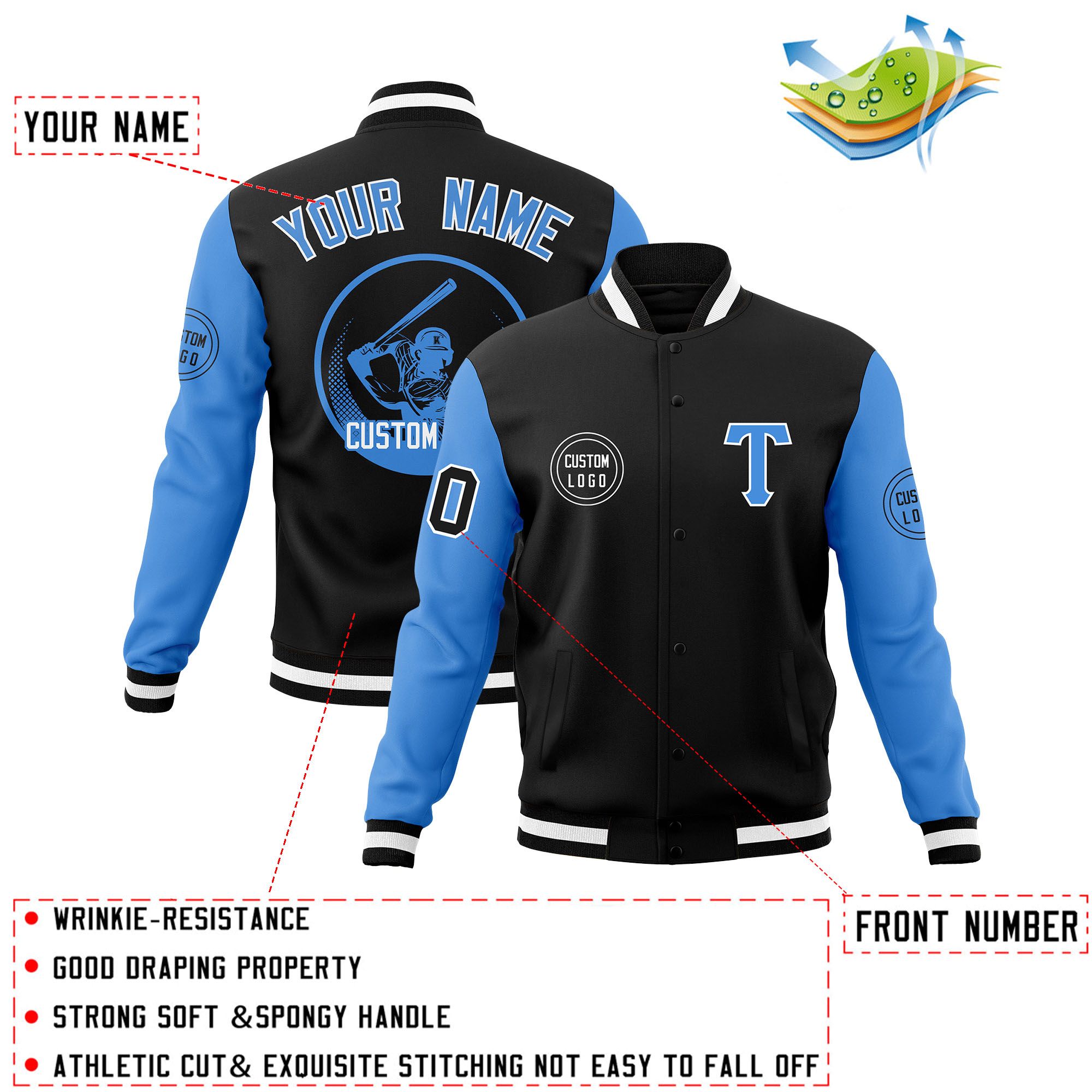 Custom Black Powder Blue Raglan Sleeves Full-Snap Varsity Personalized Letterman Baseball Coats Jacket