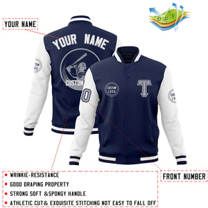 Custom Navy White Raglan Sleeves Full-Snap Varsity Personalized Letterman Baseball Coats Jacket