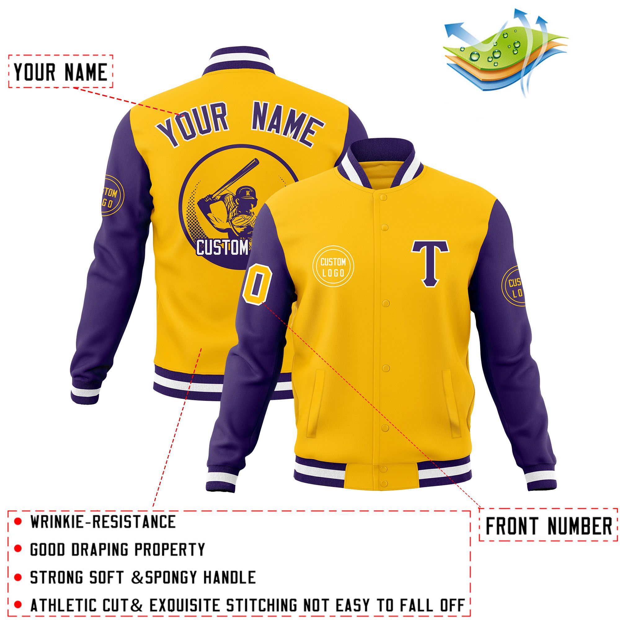 Custom Gold Purple Raglan Sleeves Full-Snap Varsity Personalized Letterman Baseball Coats Jacket