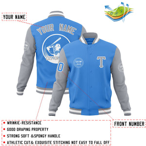 Custom Light Blue Gray Raglan Sleeves Full-Snap Varsity Personalized Letterman Baseball Coats Jacket