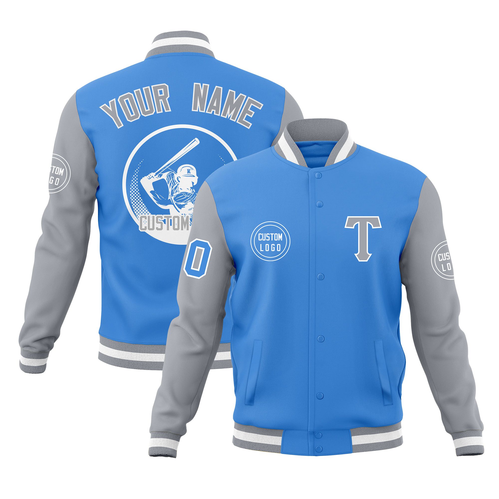 Custom Light Blue Gray Raglan Sleeves Full-Snap Varsity Personalized Letterman Baseball Coats Jacket