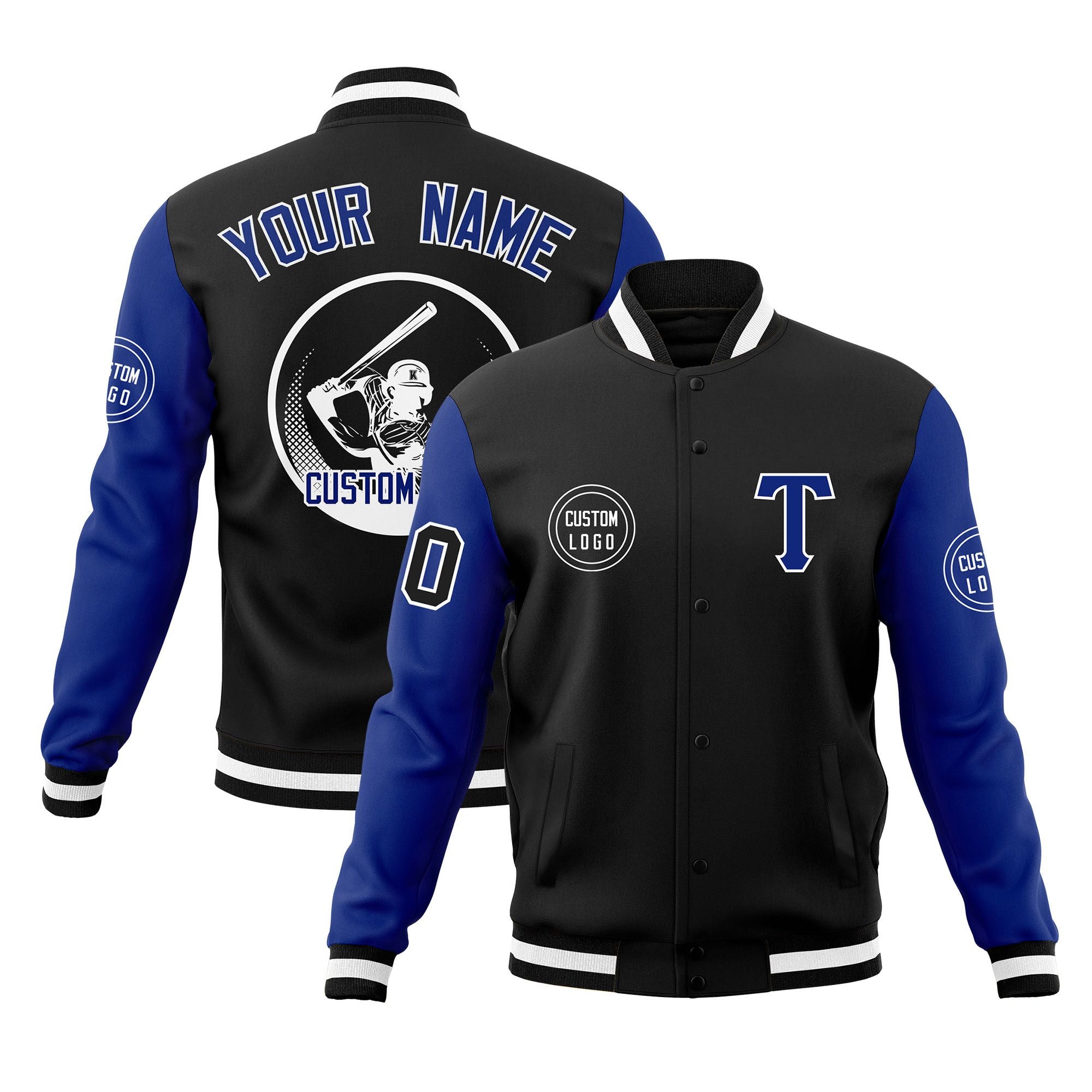 Custom Black Royal Raglan Sleeves Full-Snap Varsity Personalized Letterman Baseball Coats Jacket