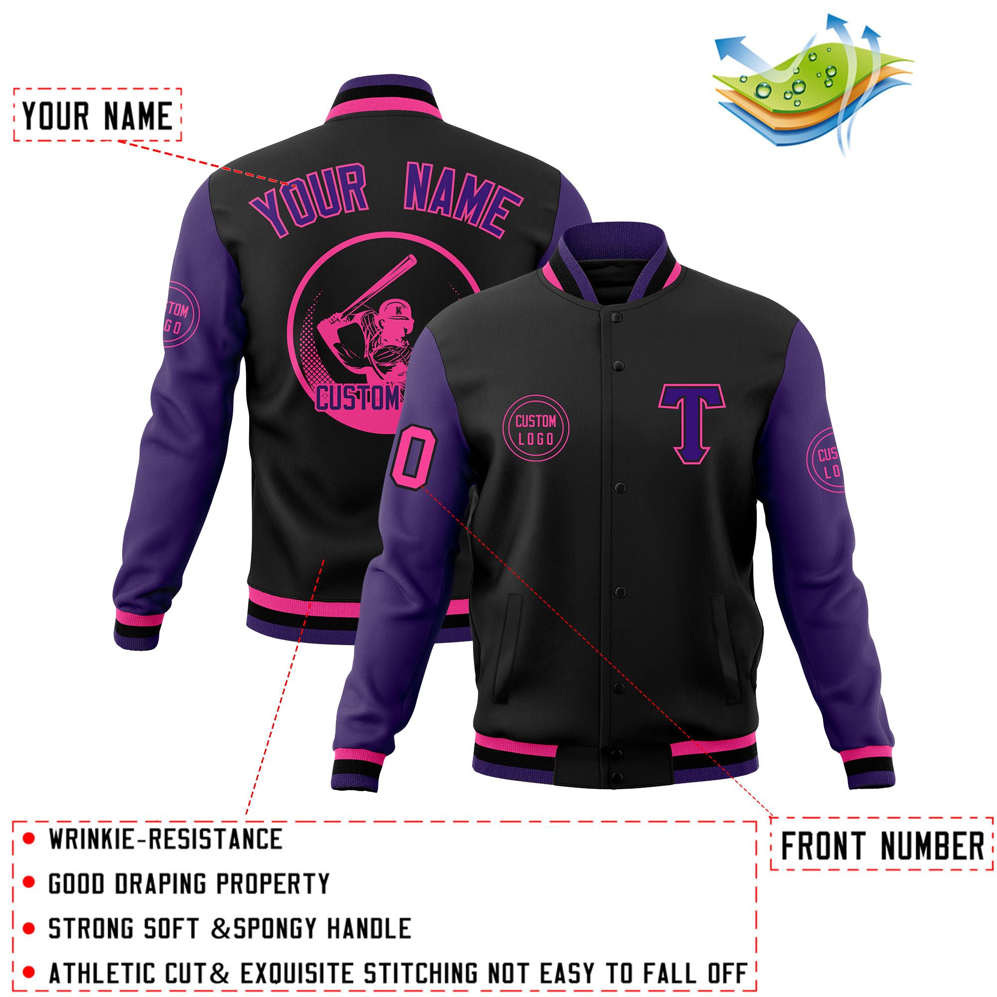 Custom Black Purple Raglan Sleeves Full-Snap Varsity Personalized Letterman Baseball Coats Jacket