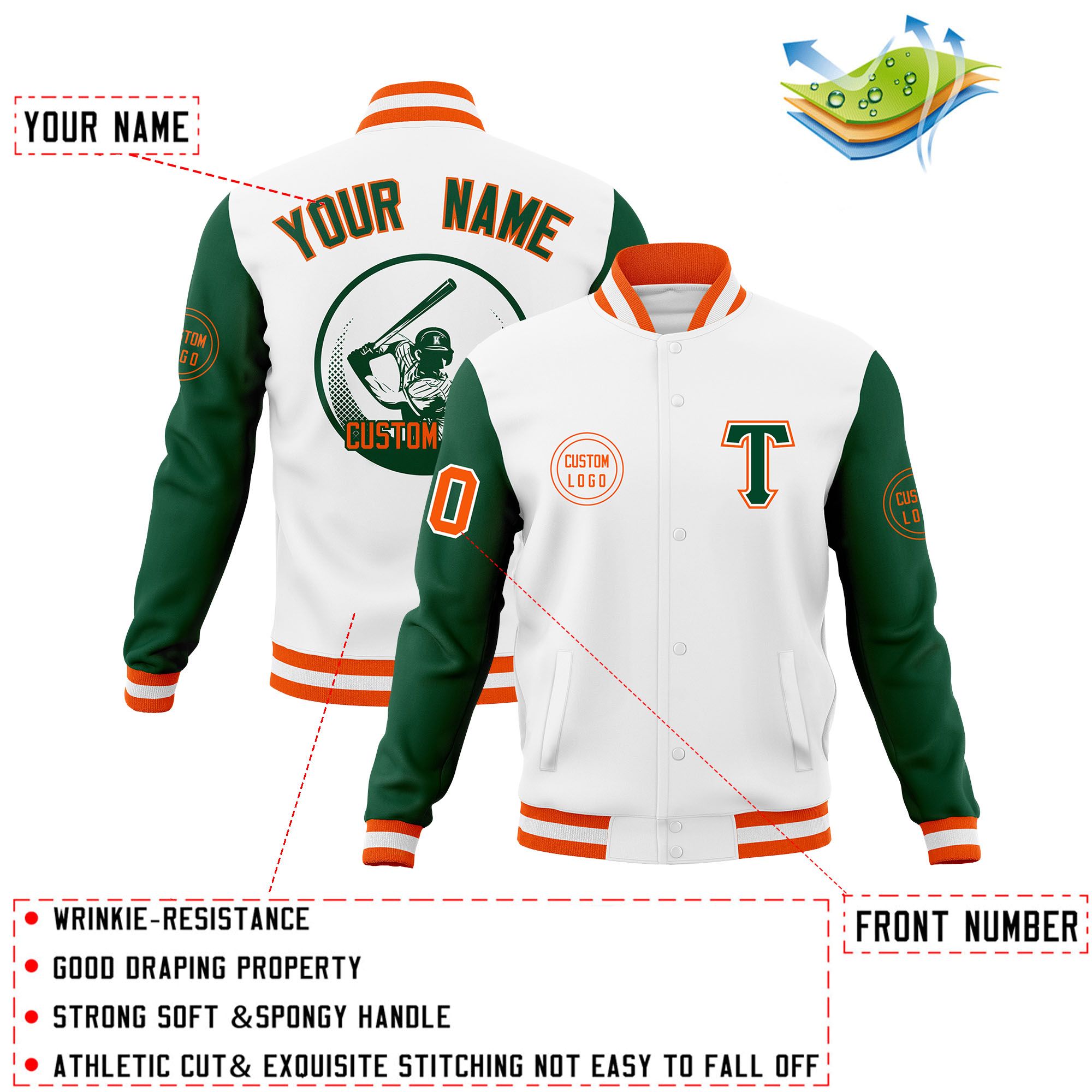 Custom White Green Raglan Sleeves Full-Snap Varsity Personalized Letterman Baseball Coats Jacket