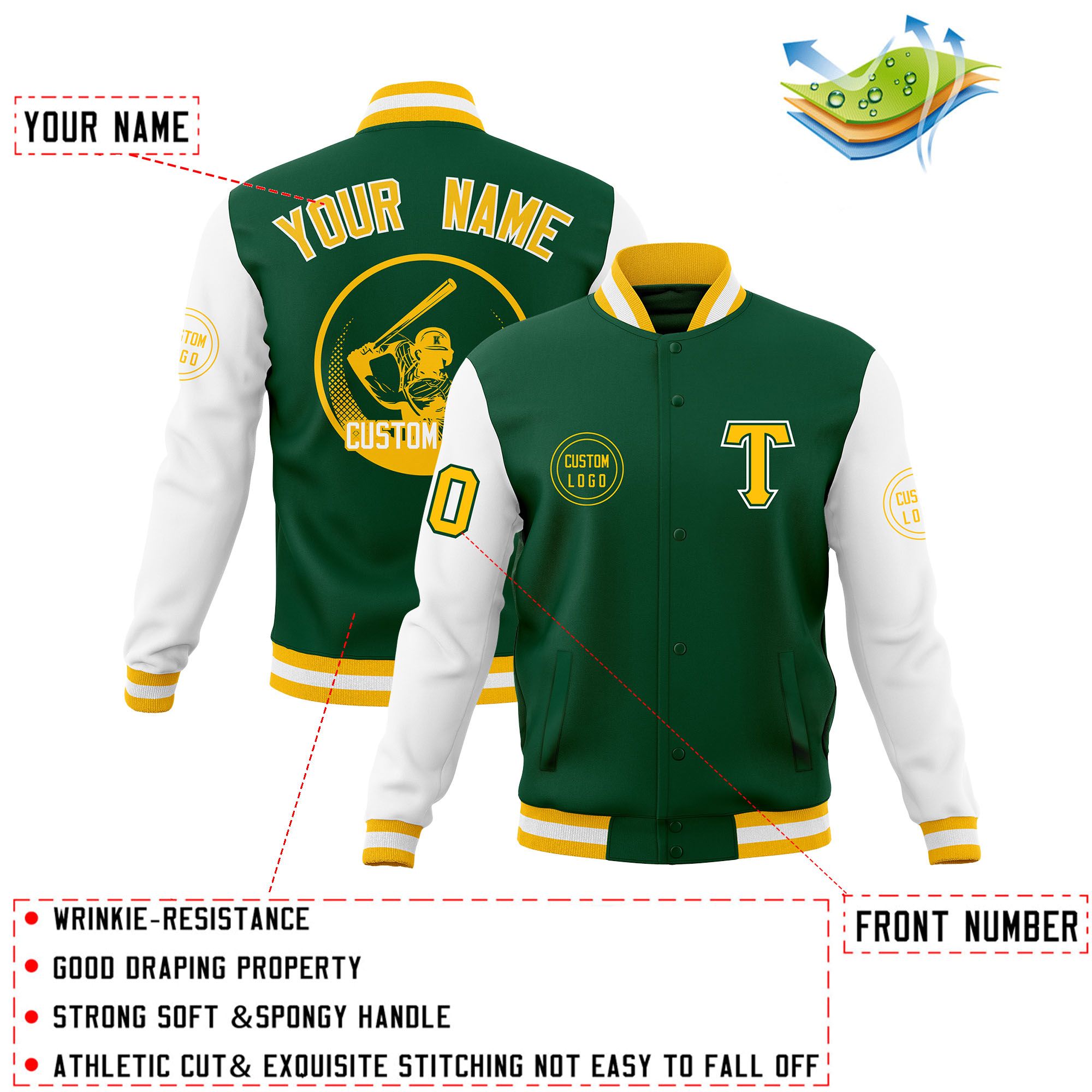 Custom Green White Raglan Sleeves Full-Snap Varsity Personalized Letterman Baseball Coats Jacket