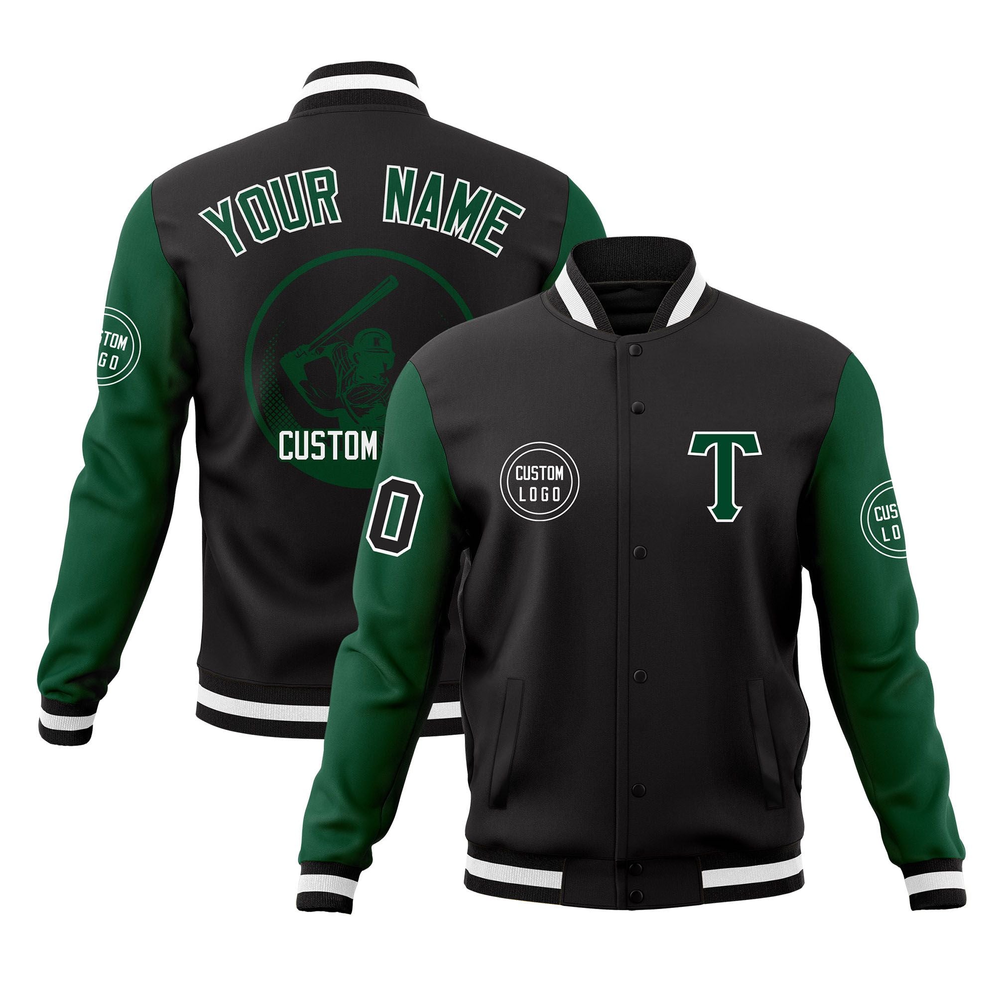 Custom Black Green Raglan Sleeves Full-Snap Varsity Personalized Letterman Baseball Coats Jacket