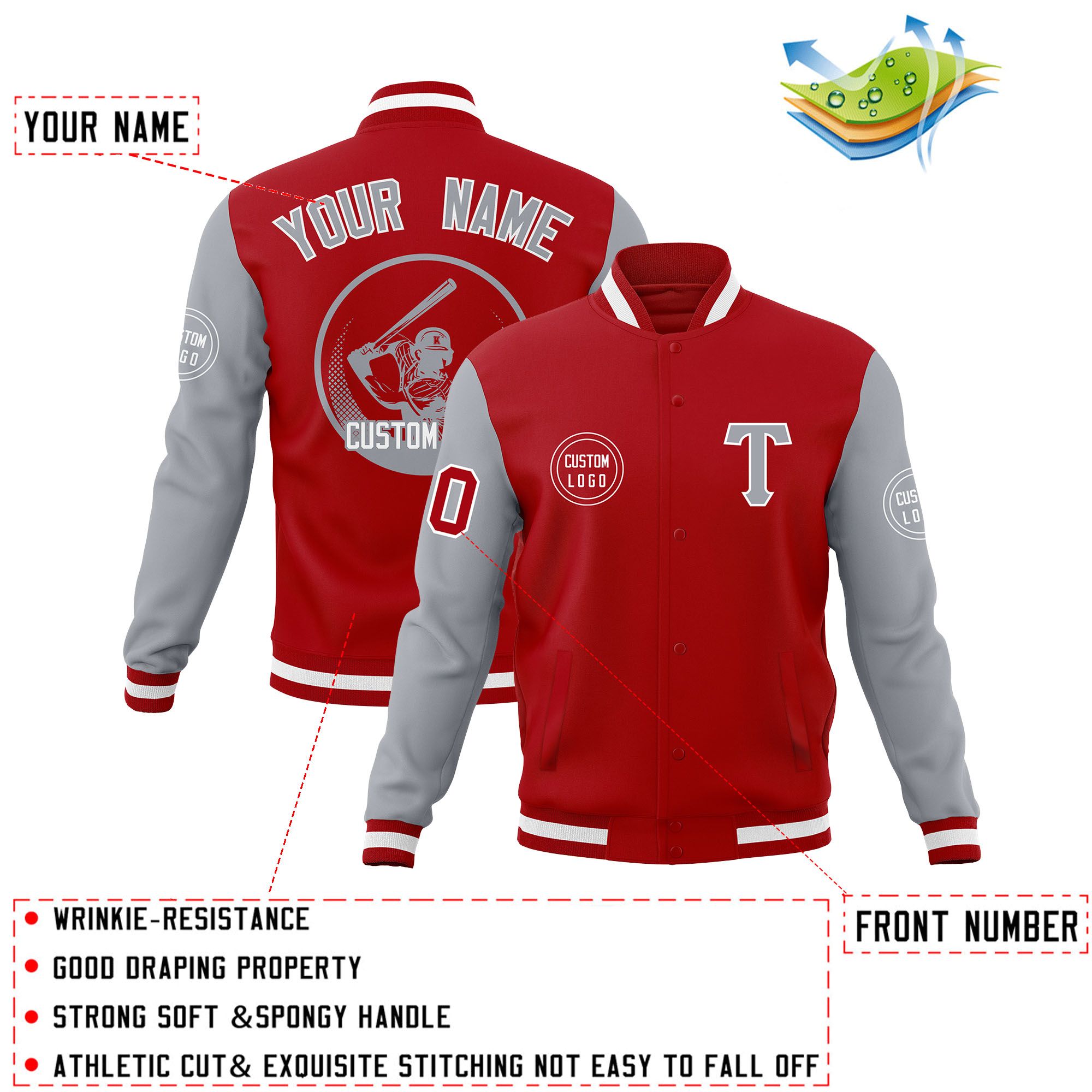 Custom Red Gray Raglan Sleeves Full-Snap Varsity Personalized Letterman Baseball Coats Jacket