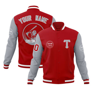 Custom Red Gray Raglan Sleeves Full-Snap Varsity Personalized Letterman Baseball Coats Jacket