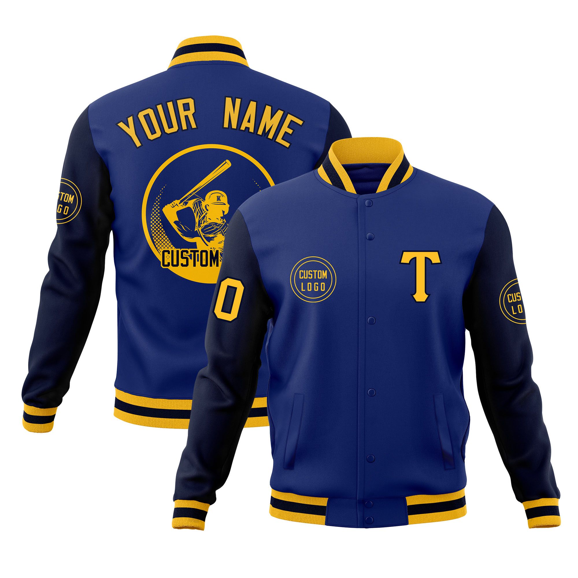 Custom Royal Navy Raglan Sleeves Full-Snap Varsity Personalized Letterman Baseball Coats Jacket