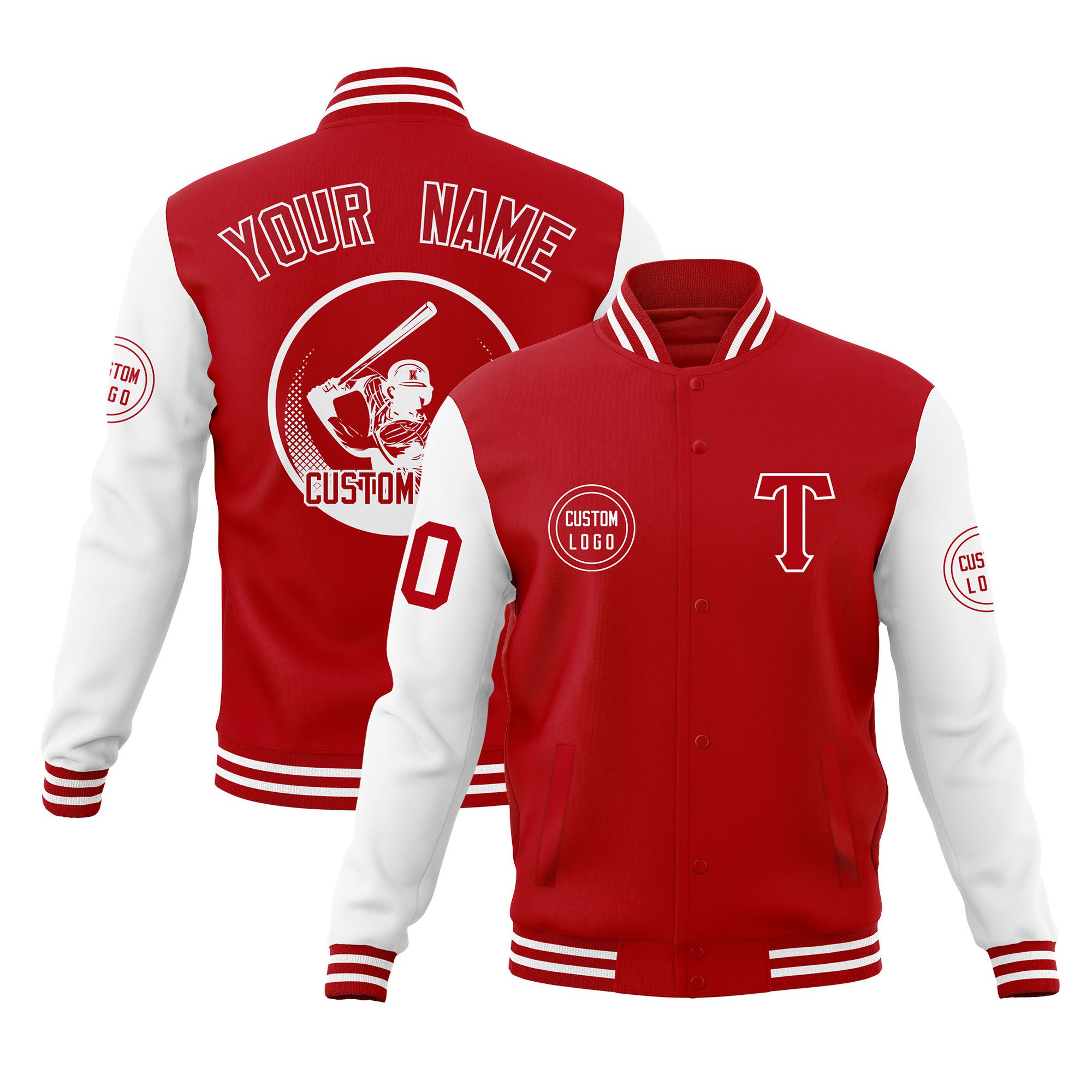 Custom Red White Raglan Sleeves Full-Snap Varsity Personalized Letterman Baseball Coats Jacket