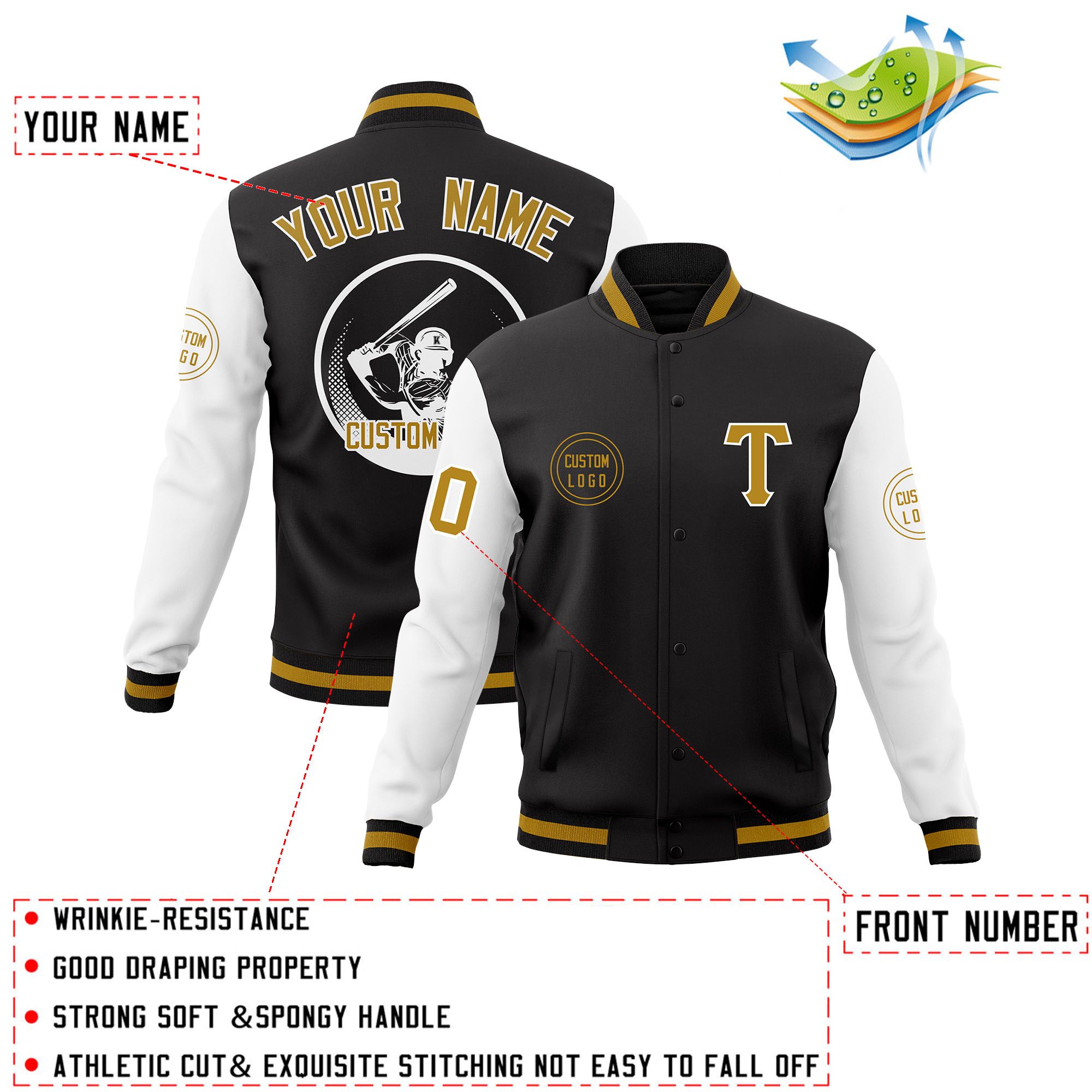 Custom Black White Raglan Sleeves Full-Snap Varsity Personalized Letterman Baseball Coats Jacket