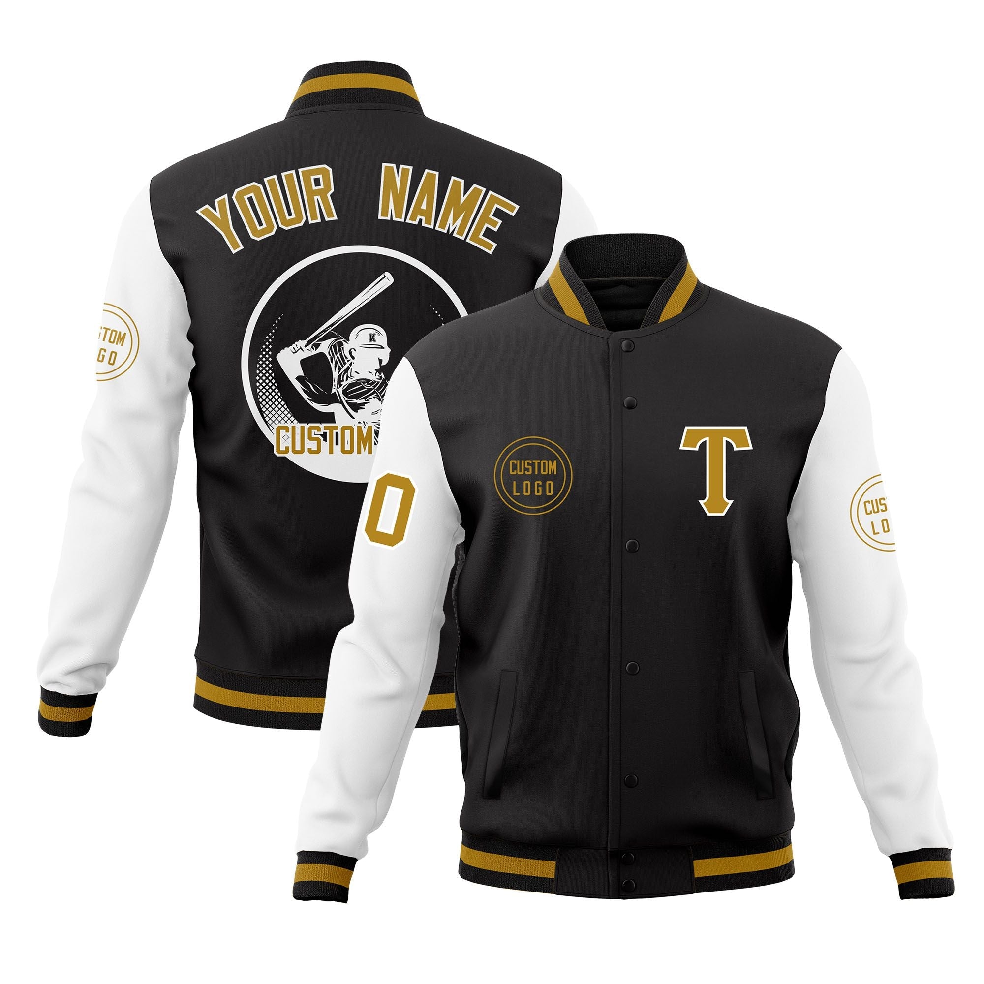 Custom Black White Raglan Sleeves Full-Snap Varsity Personalized Letterman Baseball Coats Jacket