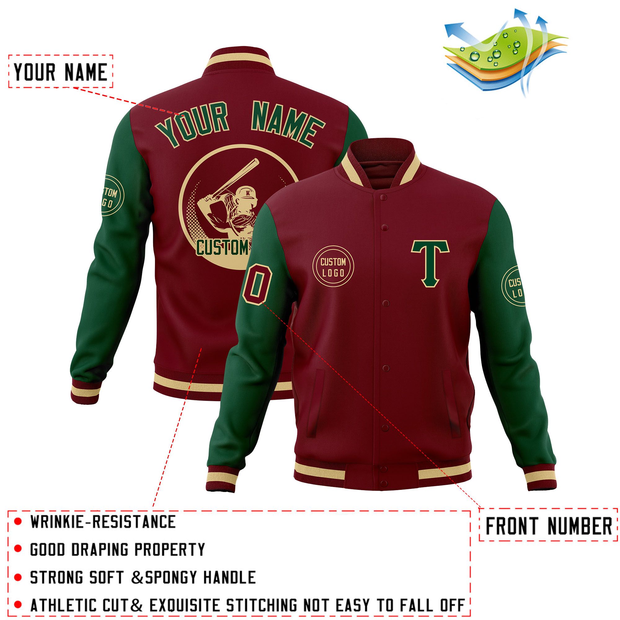 Custom Crimson Green Raglan Sleeves Full-Snap Varsity Personalized Letterman Baseball Coats Jacket