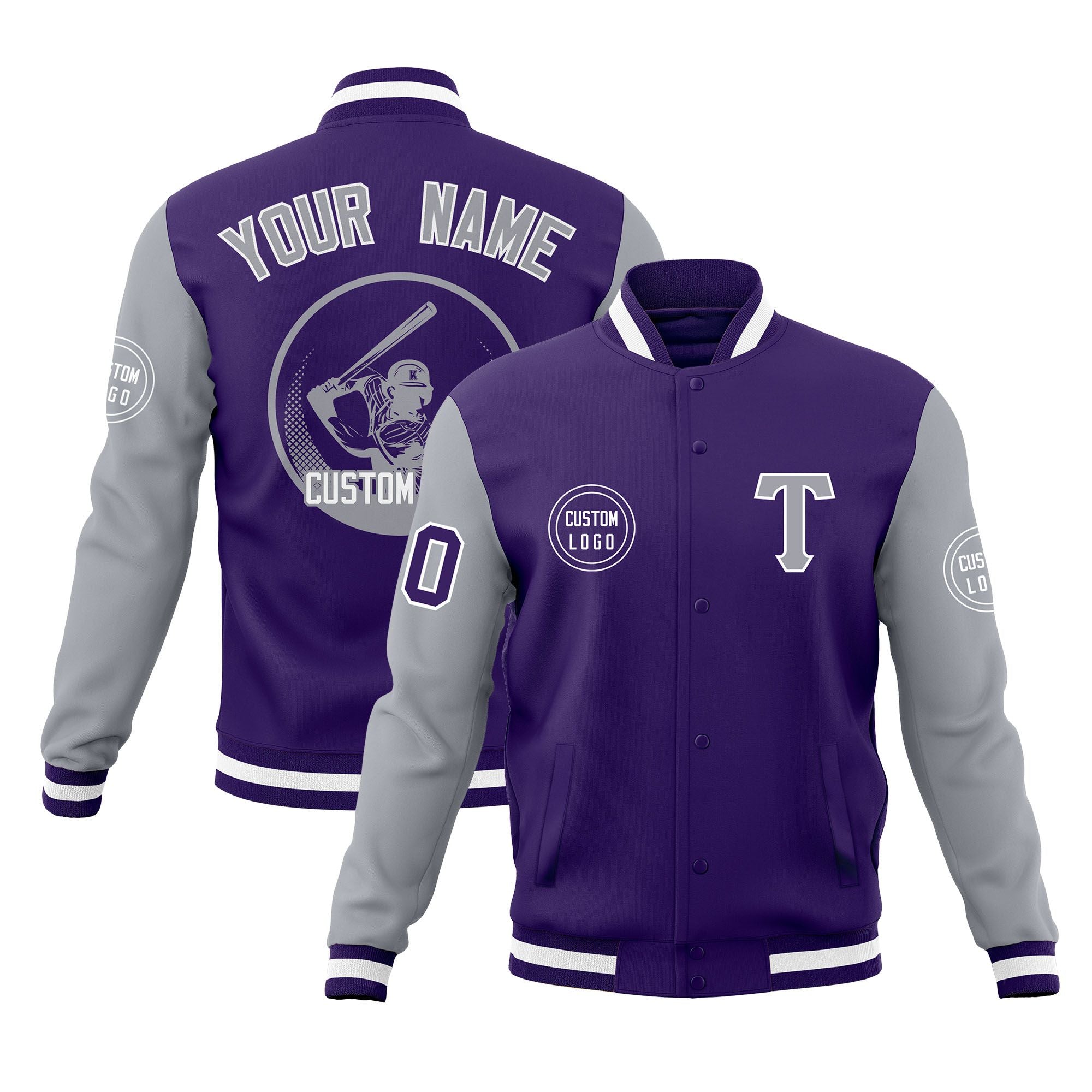 Custom Purple Gray Raglan Sleeves Full-Snap Varsity Personalized Letterman Baseball Coats Jacket