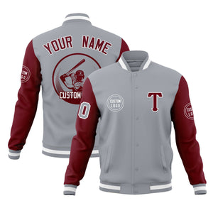 Custom Gray Crimson Raglan Sleeves Full-Snap Varsity Personalized Letterman Baseball Coats Jacket